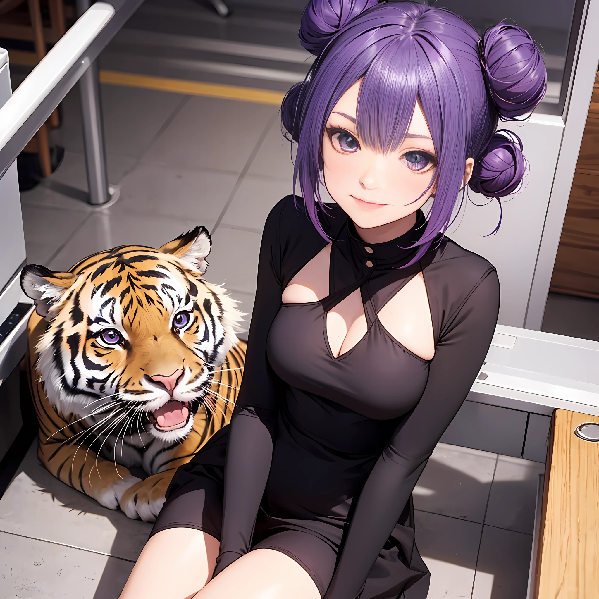 Purple colored hair，Rabbit bun，Sit in front of you，solo person，Kizi，plumw，Open-mouthed，ssmile，Tiger Tooth，Star Eyes，quadratic element，pixiv，The upper part of the body --auto