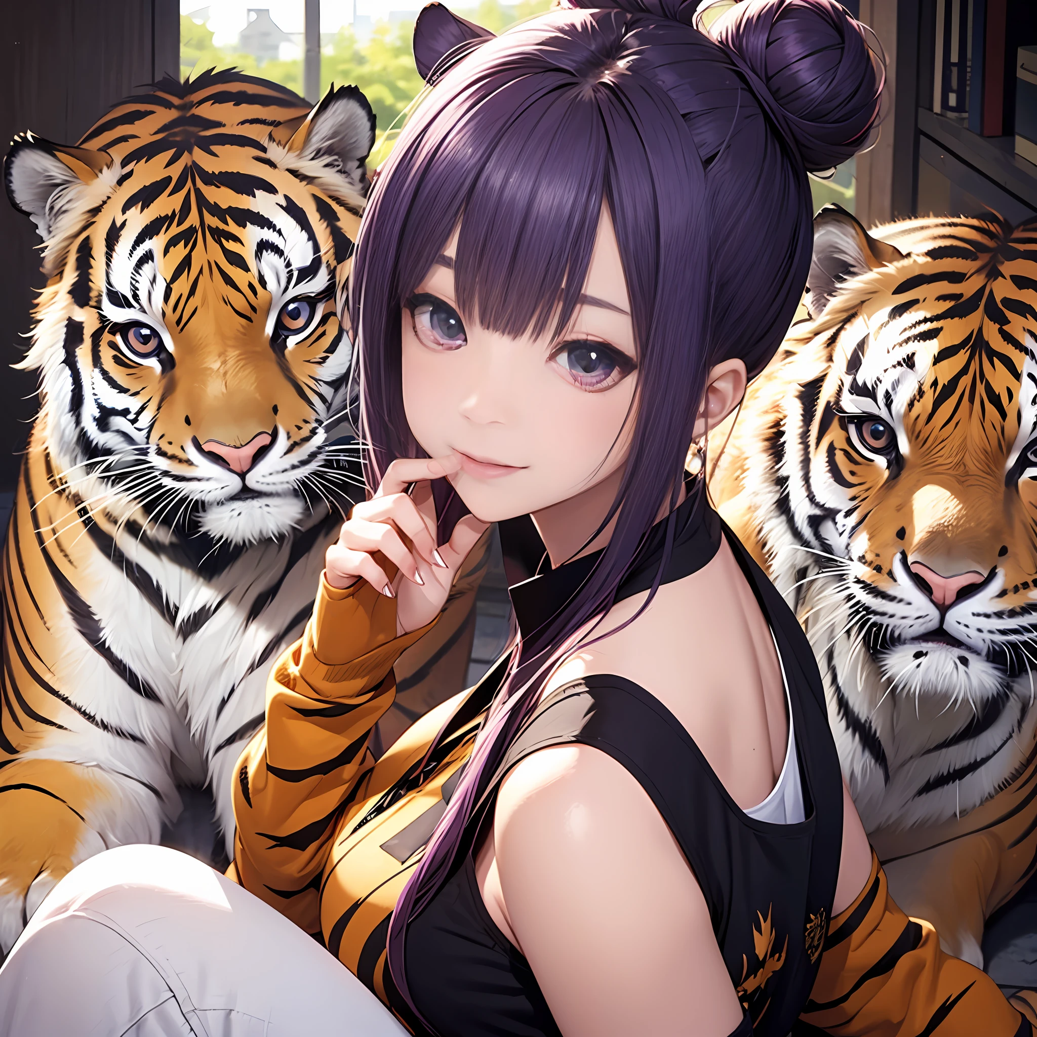 Purple colored hair,Rabbit bun,Sit in front of you,solo person,Kizi,plumw,Open-mouthed,ssmile,Tiger Tooth,Star Eyes,quadratic element,pixiv,The upper part of the body --auto