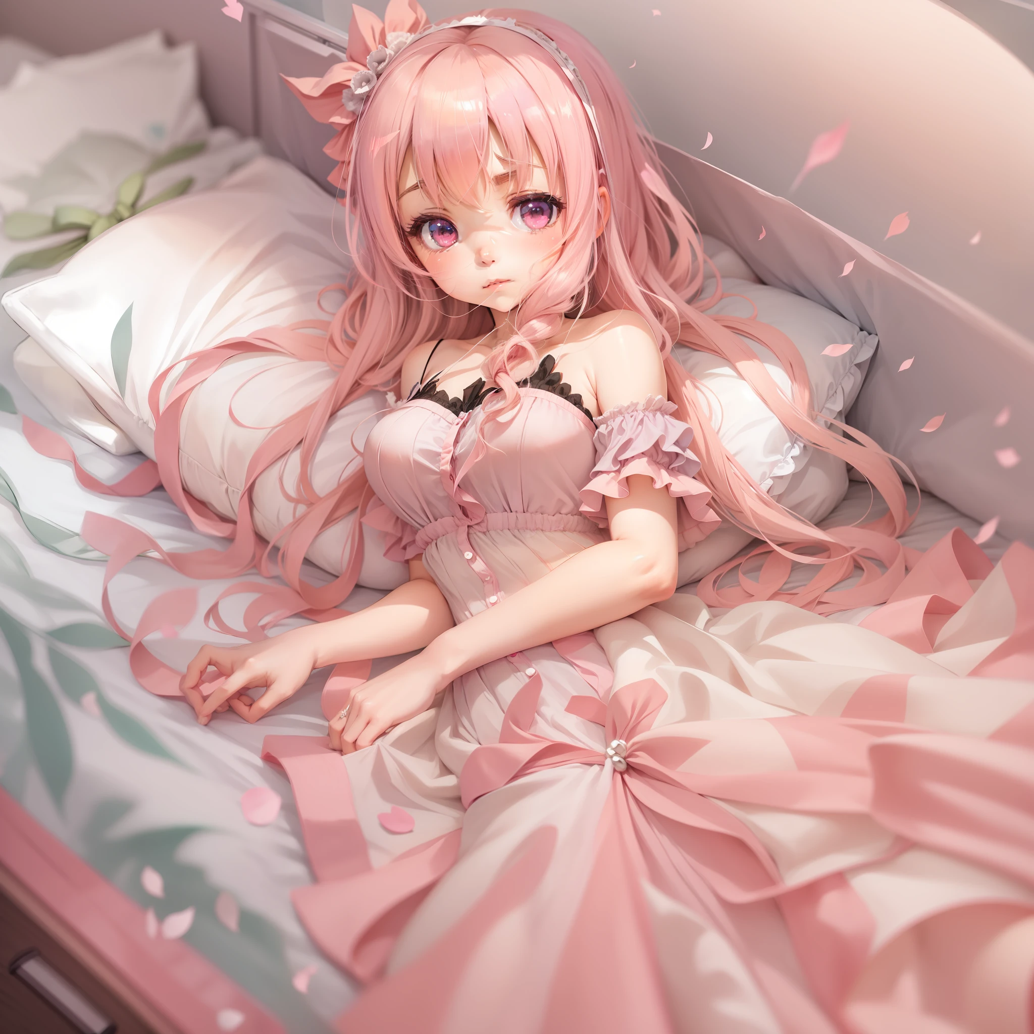 anime girl in pink dress laying on bed, **** in dress, hanayamata, splash art anime ****, ecchi, anime goddess, seductive anime girl, shirabii, cute anime waifu in a nice dress, shoujo manga, ecchi anime style, epic light novel art cover, marisa kirisame, small curvy ****, ((ecchi))