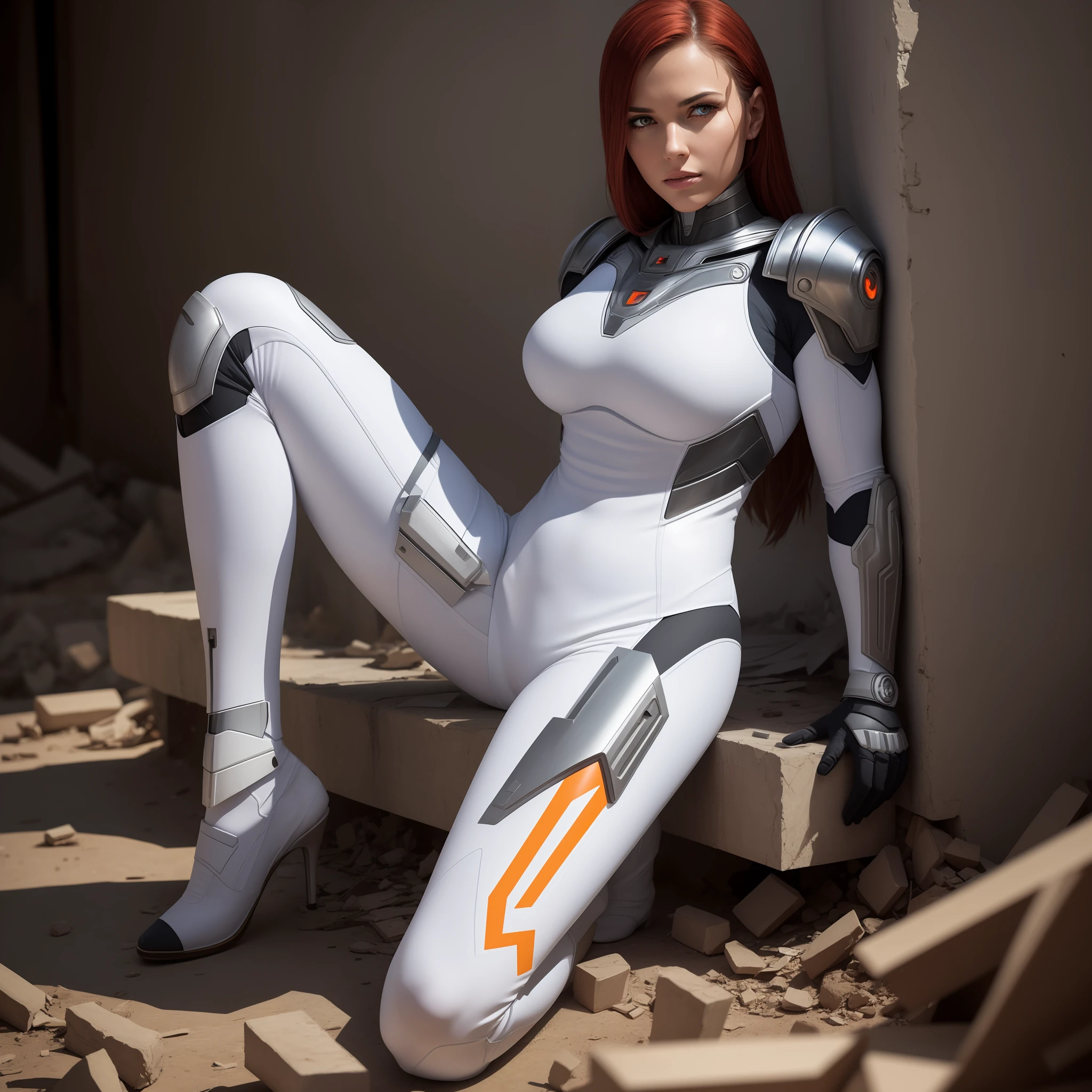Cyborg woman in a suit of power armour, white skintight space suit, sitting on a piece of debris, a rifle is leaning against the wall beside her, she is staring at the viewer, her eyes glow orange