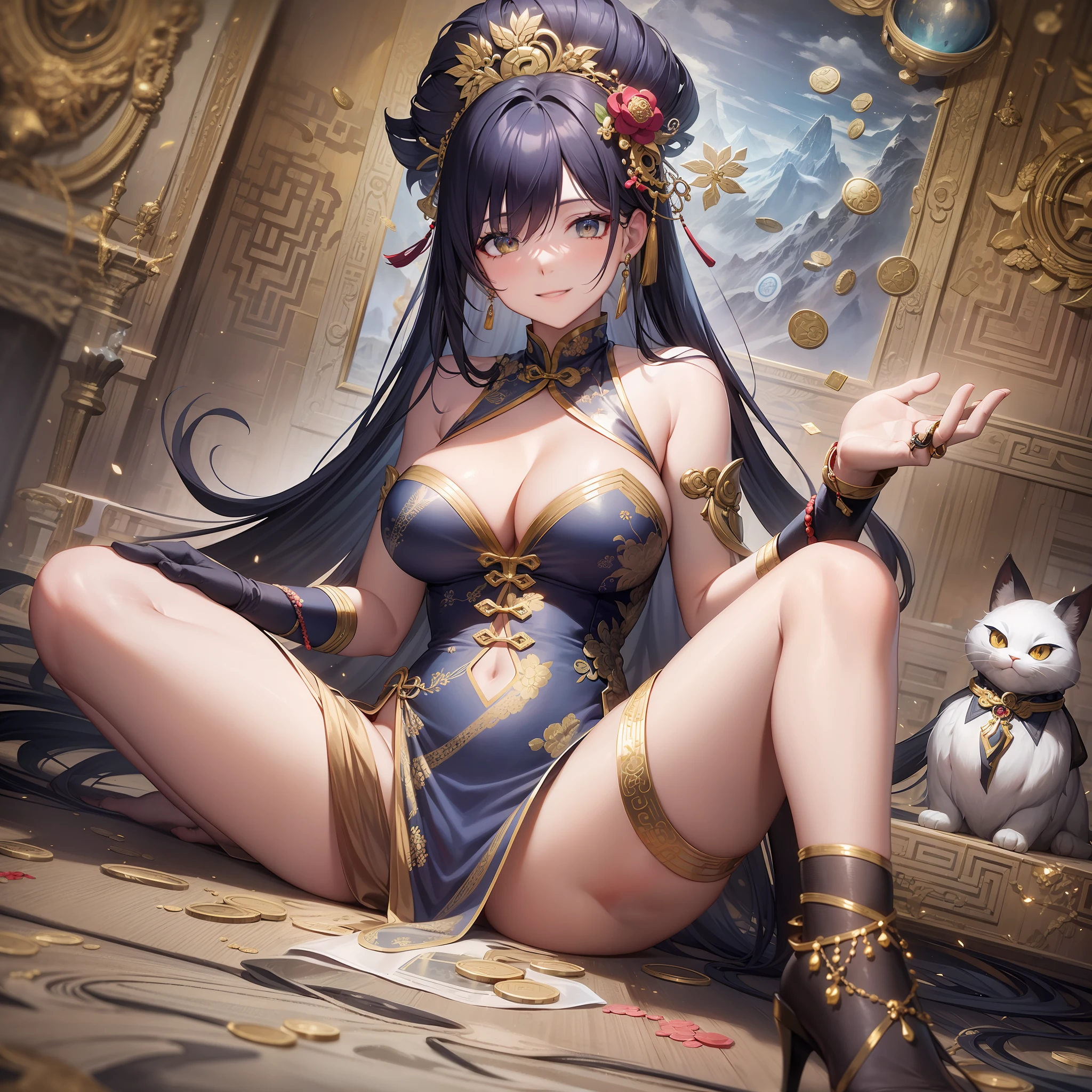 Adult woman, navy blue hair, The ends of gray hair, hairlong, beautiful hairstyle, hair ornament, white eyes, Chinese Clothing, Ornaments, Rings, Heels, Ancient Chinese themes, looking a viewer, Happy smile, overhead view, Lies on the money, gold coins, A mountain of money, Fantasy art, Beautiful painting of characters, Works of art in the style of Guvaika, epic exquisite character art, stunning character art, Beautiful rich Woman, perspective, really happy, closed eye, overhead view(reference sheet:1.5)