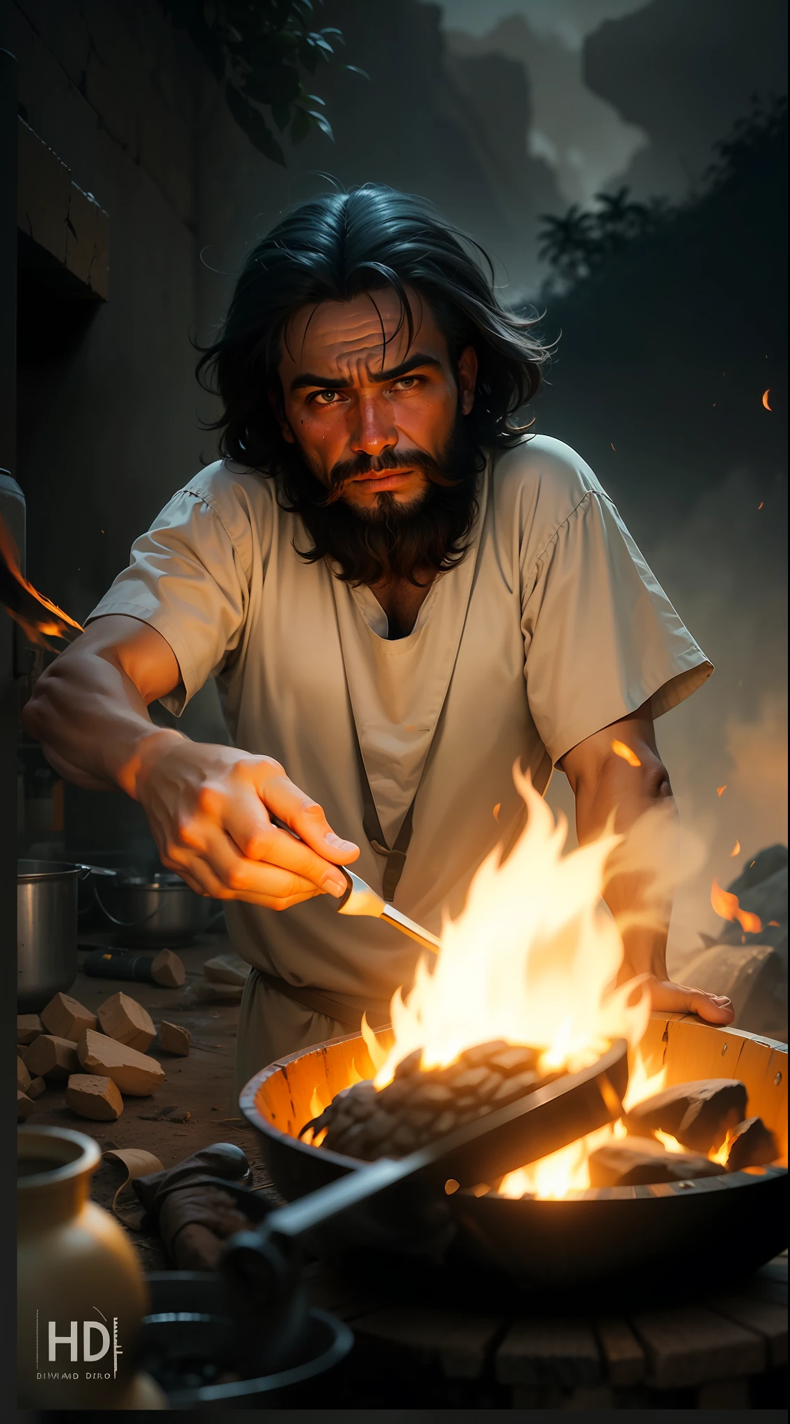 homem armado com barba cozinhando comida em uma grelha so redor pedras e sujeira, (fire), foto da vida real do homem venezuelano, fogo em chamas, Bedouin D&D retrato, fire behind him, ao ar livre debaixo da pinte, Directed by: Juan Carlos Stekelman, empunhando fogo, foto do perfil, foto de perfil 1024px, com fogo