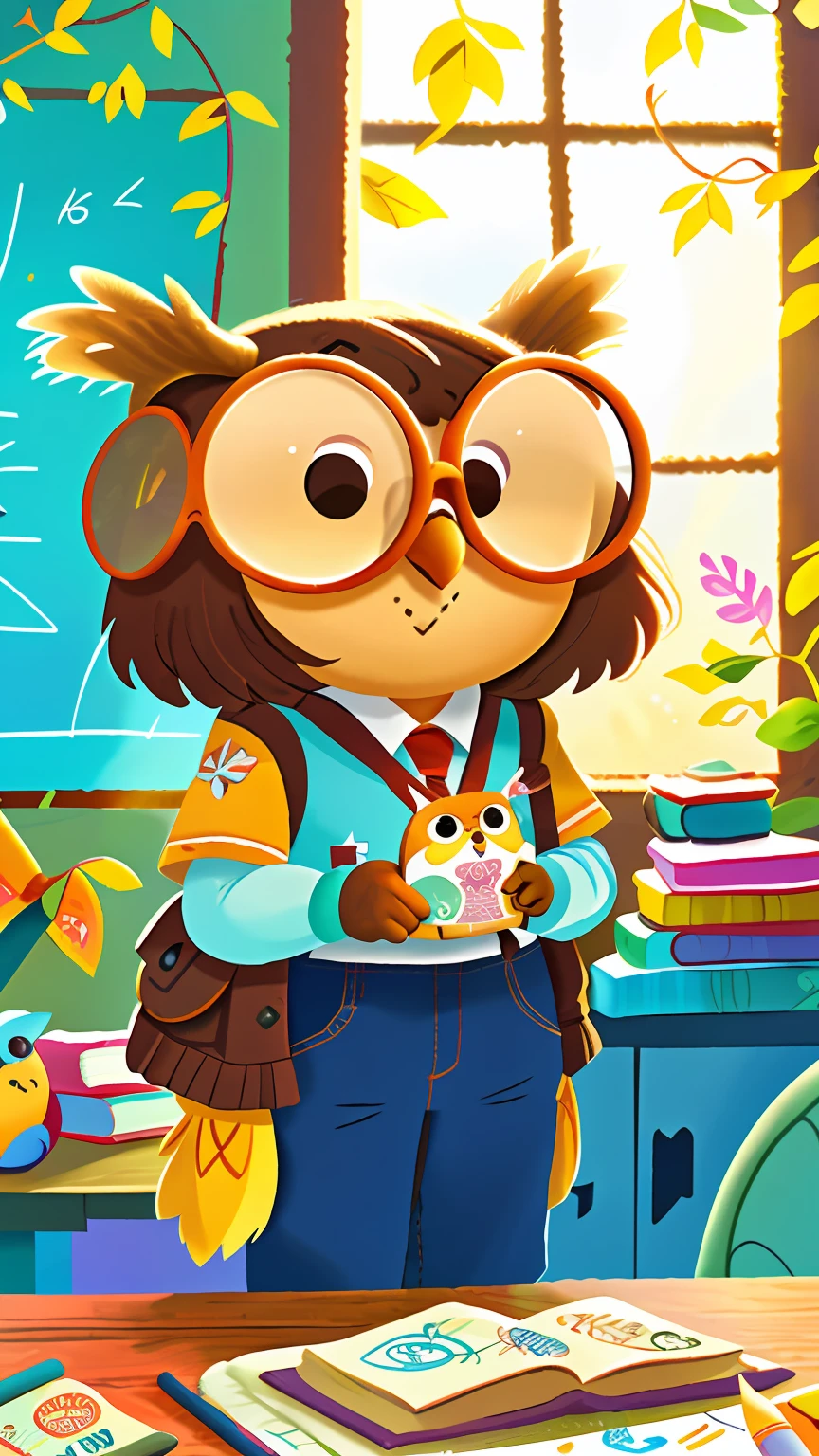 Owl, with glasses, at school, perfect quality, clear focus (mess - house: 0.8), (masterpiece: 1.2) (Realistic: 1.2) (Bokeh) (Best quality) (Detailed Skin: 1.3) (Intricate Details) (8K) (Eye Detail) (Sharp Focus)