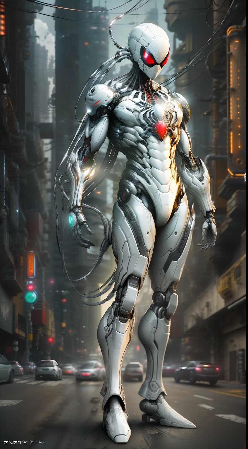 White Spider-Man in Marvel photography，femele，Biomechanicals，complex robot，Fully grow，hyper realisitc，Crazy little details，extremely clean lines，cyberpunk aesthetics，a masterpiece featured at Zbrush Central，full bodyesbian，ultraclear，k hd