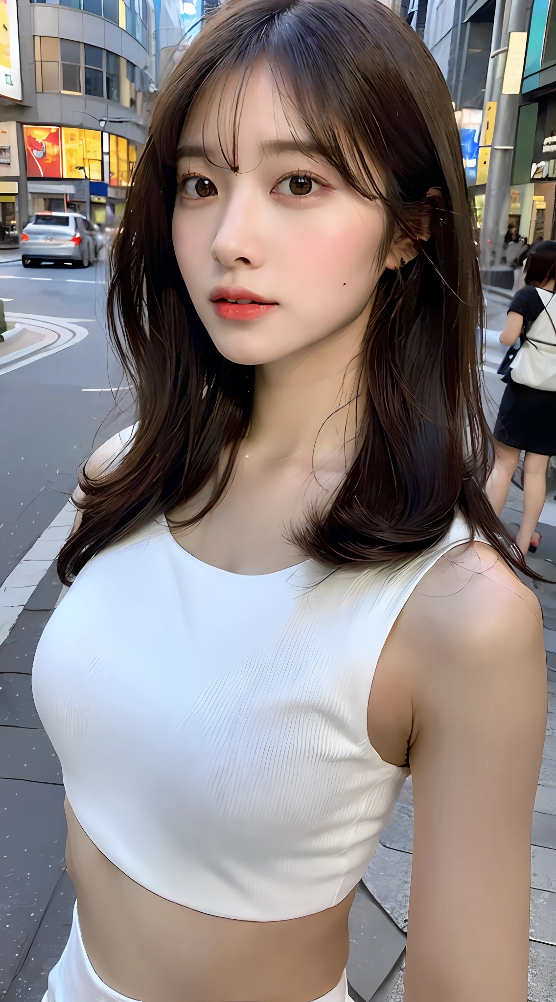 ((Realistic lighting, Best quality, 8K, Masterpiece: 1.3)), Clear focus: 1.2, 1girl, Perfect Figure: 1.4, Slim Abs: 1.1, ((Dark brown hair)), (White crop top: 1.4), (Outdoor, Night: 1.1), City streets, Super fine face, Fine eyes, Double eyelids,
