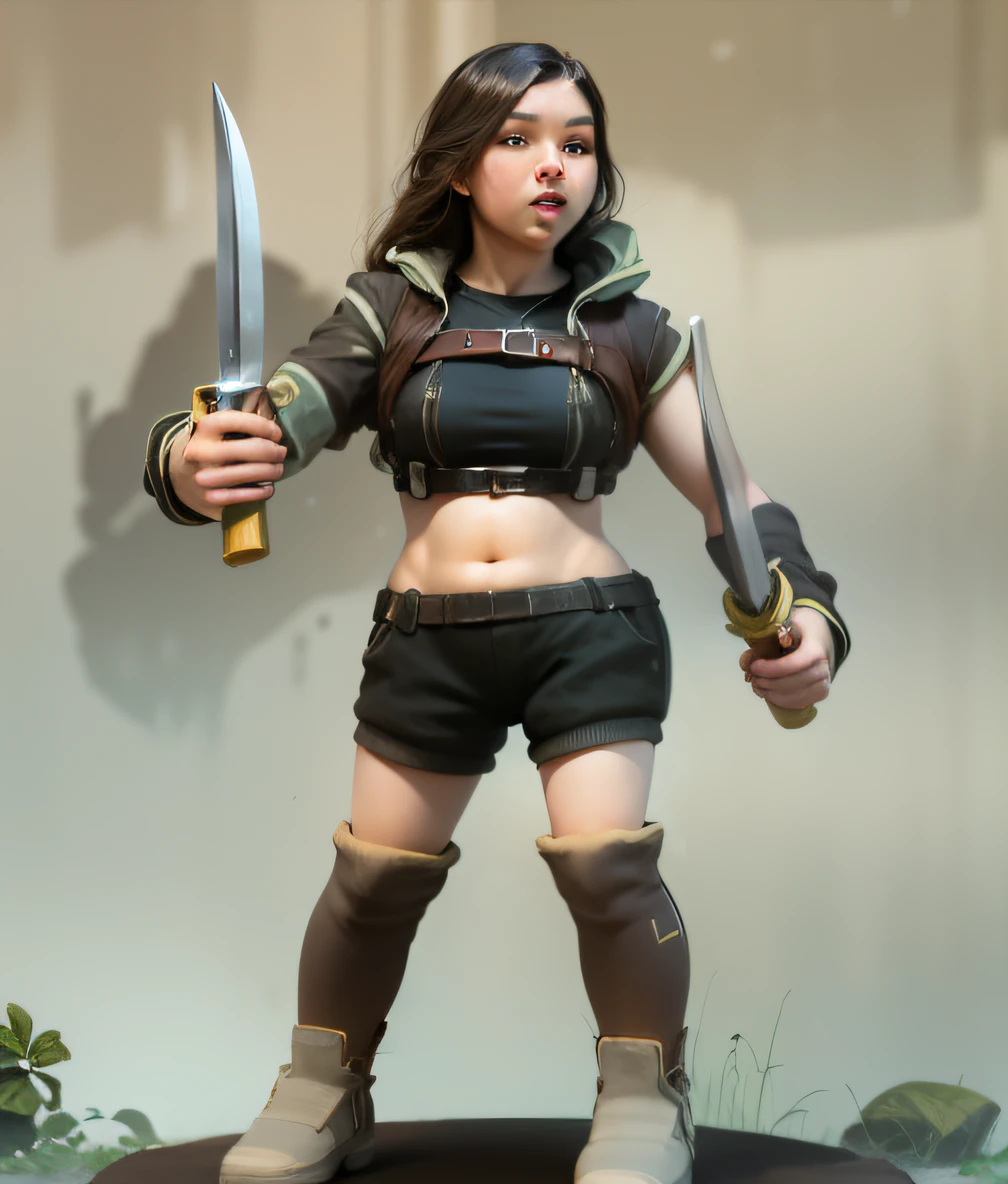 garota, sexy, 16 anos, roupa apertada, realista, holding two knives in his hand, barriga com gordurinha, corpo de 16 anos, seios pequenos. --auto