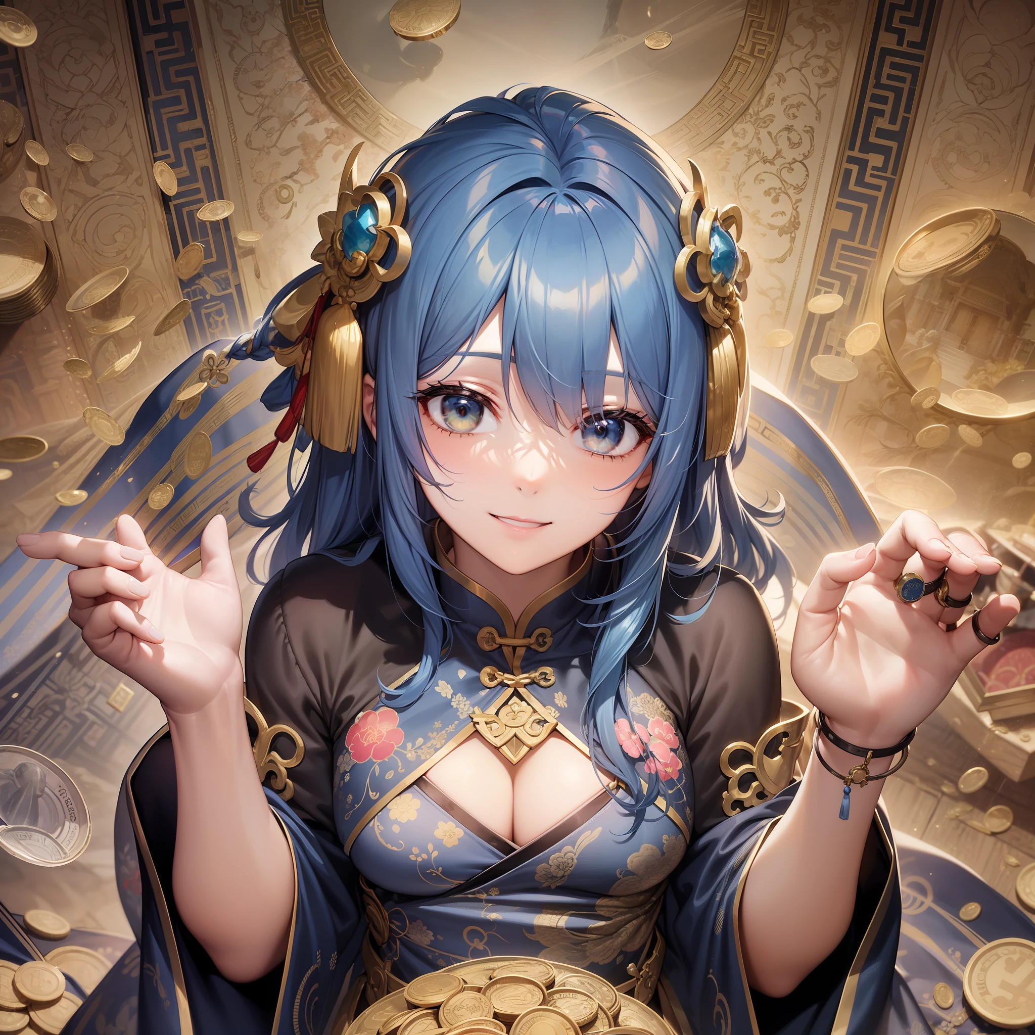 Adult woman, navy blue hair, The ends of gray hair, hairlong, beautiful hairstyle, hair ornament, white eyes, Chinese Clothing, Ornaments, Rings, Heels, Ancient Chinese themes, looking a viewer, Happy smile, overhead view, Lies on the money, gold coins, A mountain of money, Fantasy art, Beautiful painting of characters, Works of art in the style of Guvaika, epic exquisite character art, stunning character art, Beautiful rich Woman, perspective, really happy, closed eye, overhead view(reference sheet:1.5)