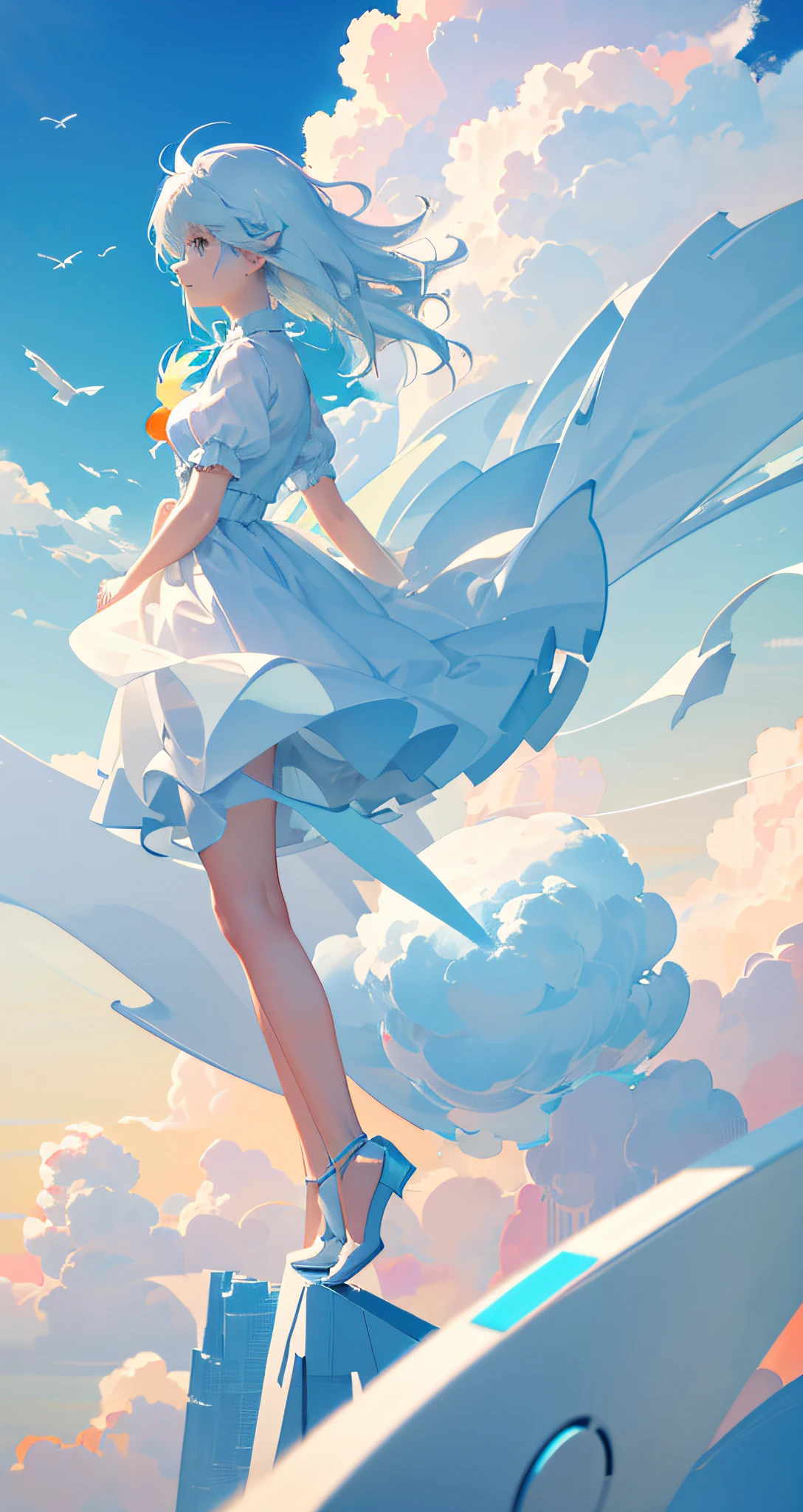 masterpiece, best quality, movie still, 1girl, floating in the sky, cloud girl, cloud, (close-up:1.1), bright, happy, fun, soft lighting, (Bauhaus, shapes, lines, abstract:1.1)
