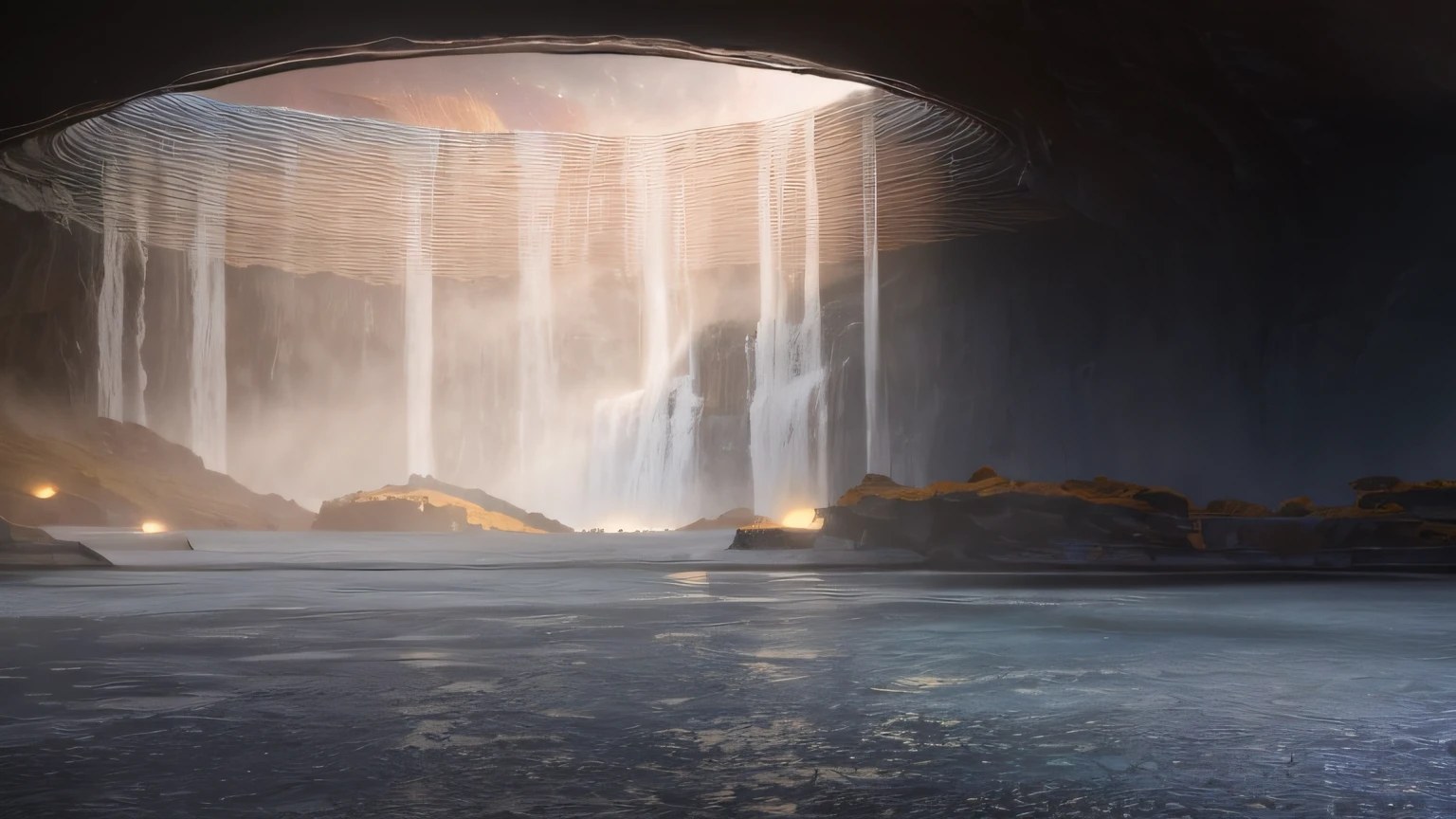 There is a large waterfall that enters the lake from the cave, atmospheric render, waterfall in asteroid field, depicted as a scifi scene, Fauvist waterfall environment, futuristic landscape, sci-fiish landscape, sci-fiish landscape, science fiction landscape, alien waterfall, sci-fiish landscape, rendered in enscape, inspired by jessica rossier, science fiction scene