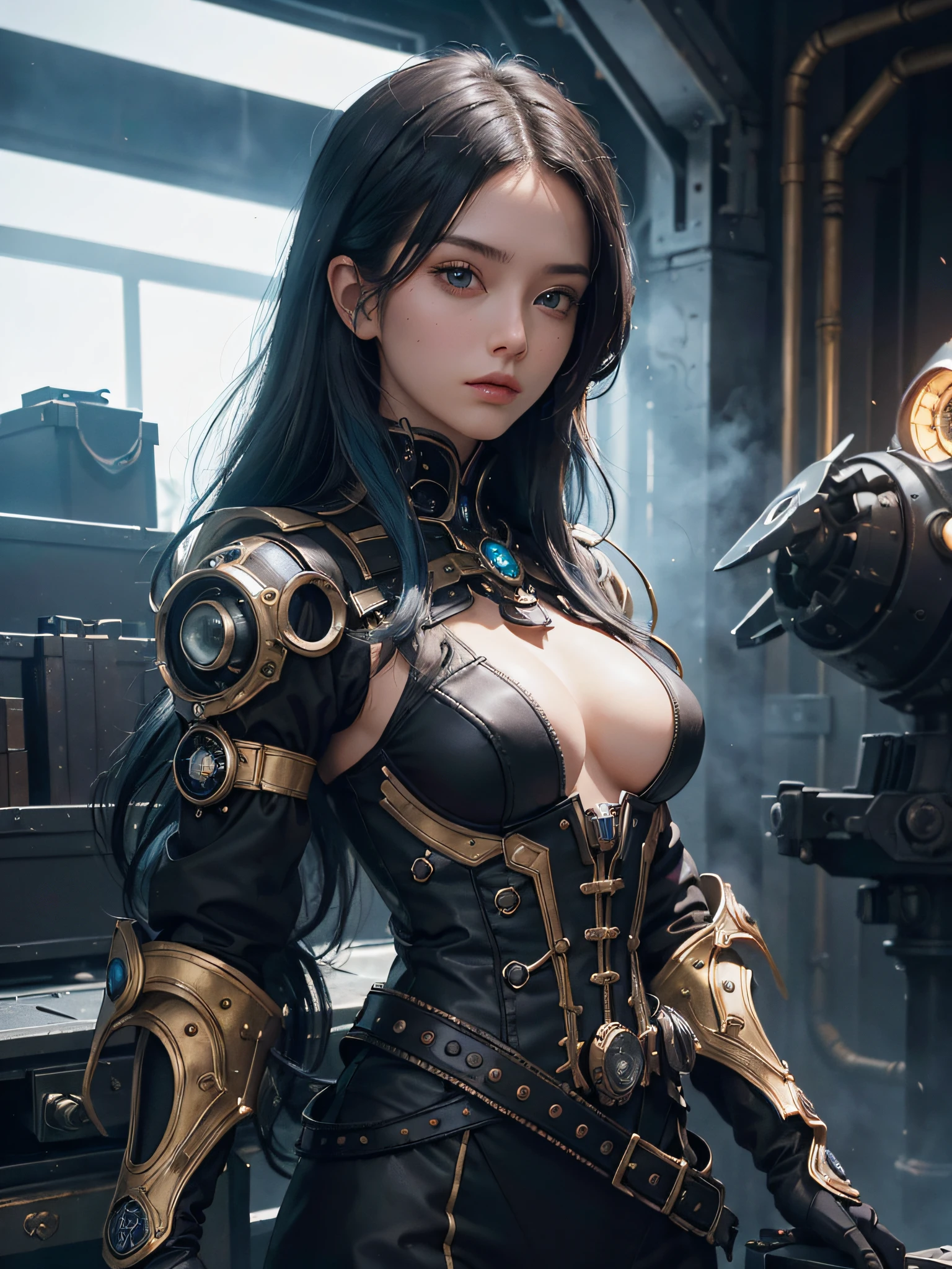 (obra maestra, calidad superior, mejor calidad, arte oficial, Beautiful and Aesthetic: 1.2), (1girl: 1.3), extremadamente detallado, (Steampunk: 1.2), colorido, More detailed 1girl, japan 25years, long blue hair, robot, cybor, automata, cgmech, postpunk, eyes color black, female, solo, holding, upper body, weapon, water drop, ((masterpiece, best quality)), upper body, portrait, robot, neon light, 8K, RAW, best quality, masterpiece, ultra high res, colorful, (medium wide shot), (dynamic perspective), sharp focus ,depth of field, extremely detailed eyes and face, beautiful detailed eyes,(black gold, trimmed gear:1.2),(In a futuristic weapons factory:1.2), hand ultra-detailed,