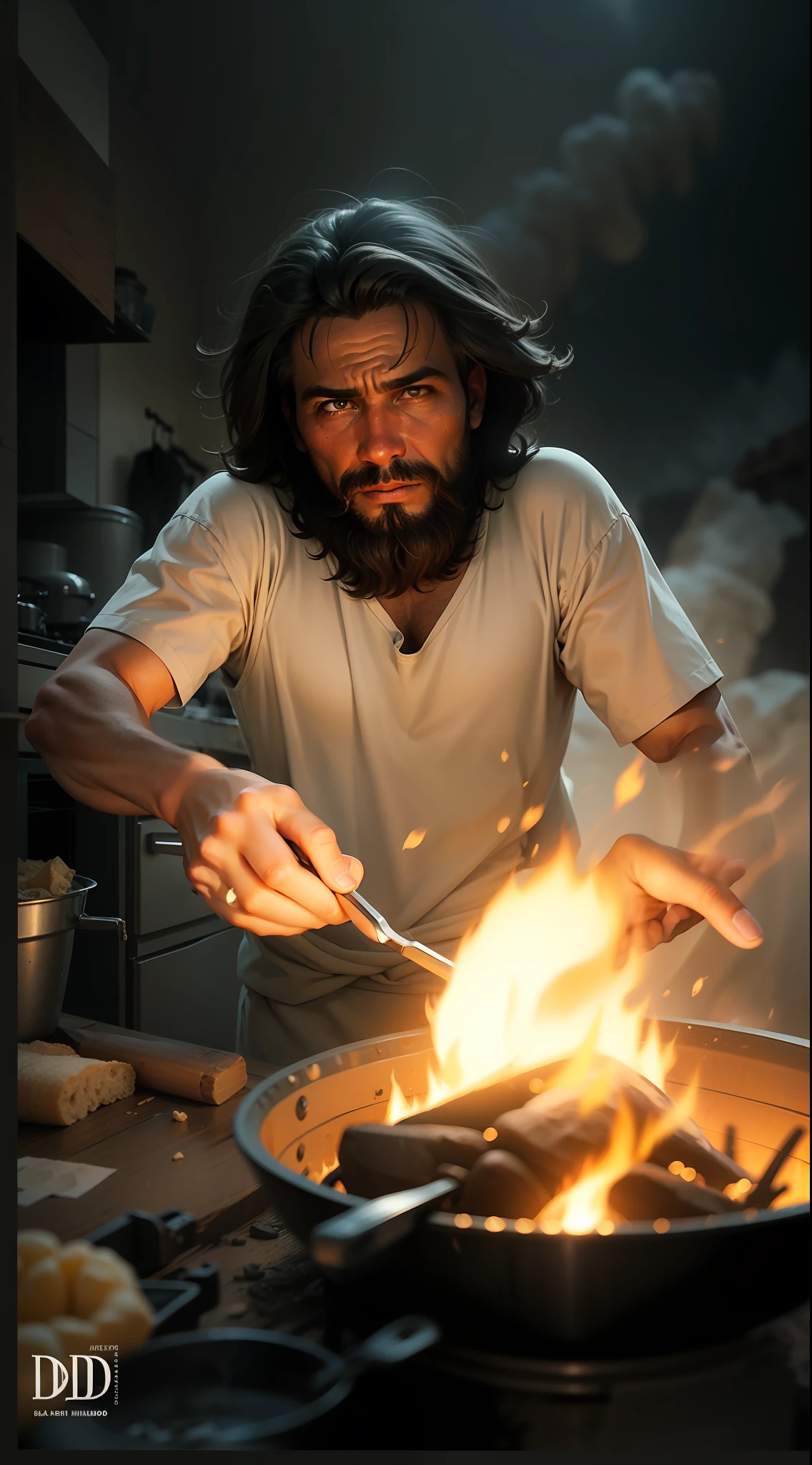 homem armado com barba cozinhando comida em uma grelha so redor pedras e sujeira, (fire), foto da vida real do homem venezuelano, fogo em chamas, Bedouin D&D retrato, fire behind him, ao ar livre debaixo da pinte, Directed by: Juan Carlos Stekelman, empunhando fogo, foto do perfil, foto de perfil 1024px, com fogo