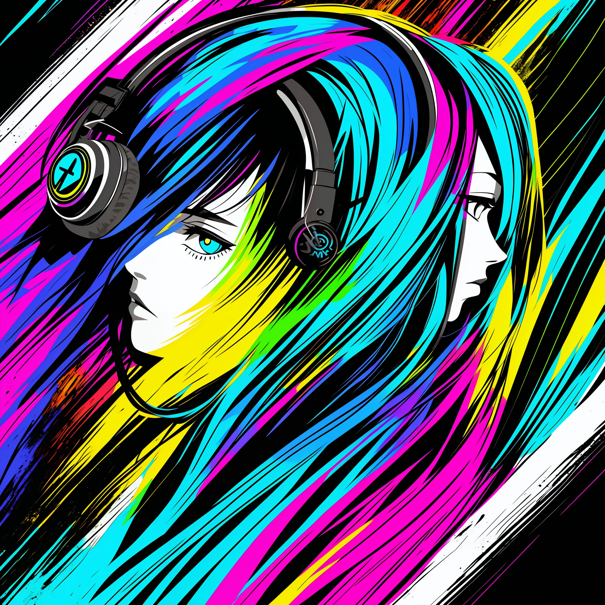 ink art, vector, girl wearing a hoodie and headphones, colorful background, highly detailed, photo from side, music album cover, slightly looking to camera,