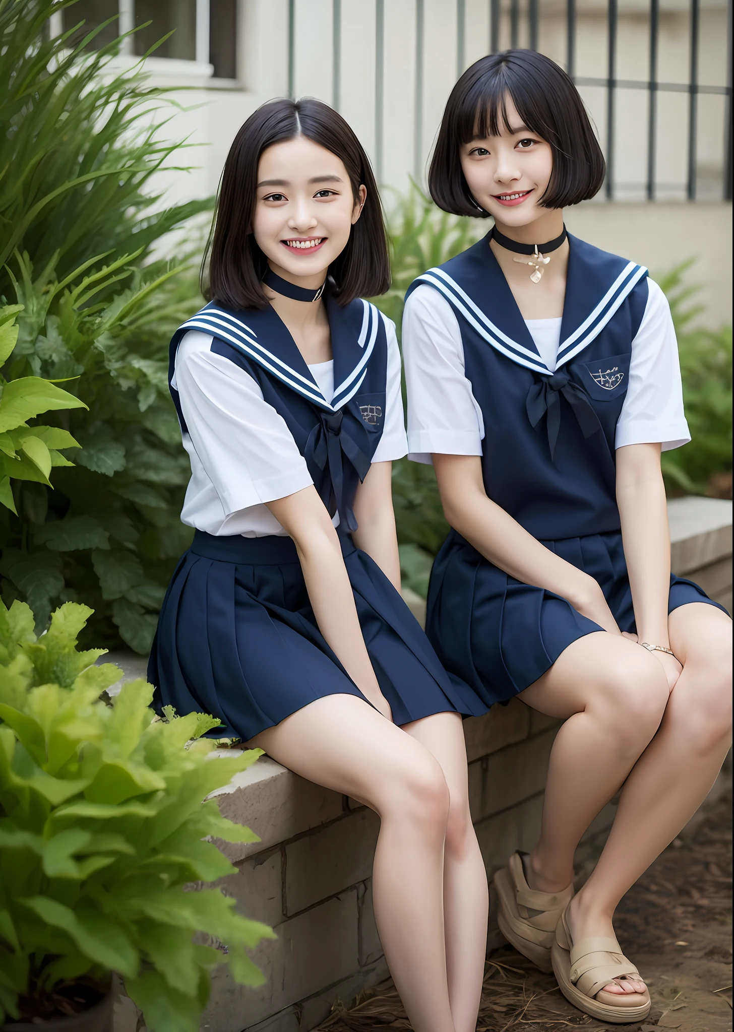 1girl in, bangss, Black_Choker, Black_hair, Blue_sailor_Collar, Blue_Skirt, bush, a choker, 鎖骨, tag, 耳Nipple Ring, florals, jewely, s lips, up looking_で_viewer, plein air, a plant, pleats_Skirt, potted plant_plant, Wagas, sailor_Collar, School_uniform, serafuku, The shirt, Short_hair, Short_sleeves, sitting on, skirt by the, A smile, 独奏, a park