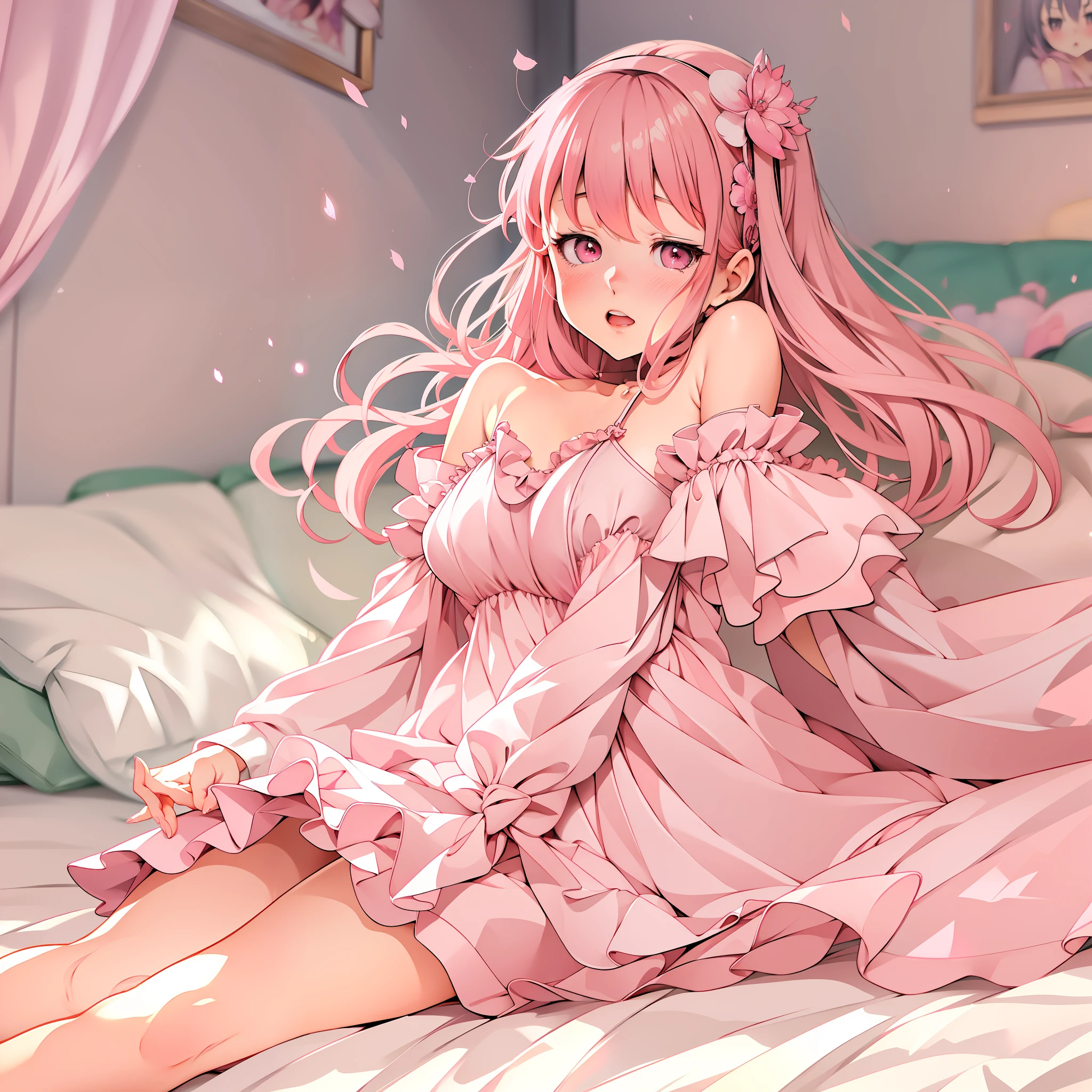 anime girl in pink dress laying on bed, loli in dress, hanayamata, splash art anime loli, ecchi, anime goddess, seductive anime girl, shirabii, cute anime waifu in a nice dress, shoujo manga, ecchi anime style, epic light novel art cover, marisa kirisame, small curvy loli, ((ecchi))