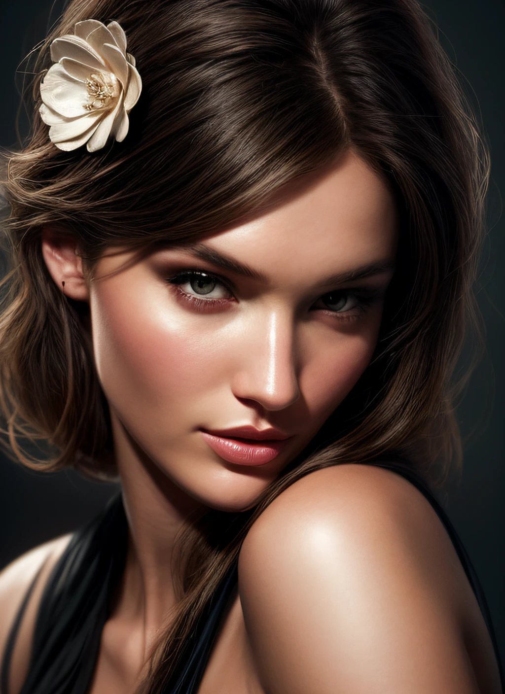 analogue style, woman, delicate face with flower by Rachel Welch, Candice Swanepoel, head and shoulders portrait, 8k resolution concept art portrait by Greg Rutkowski, Artgerm, WLOP, Alphonse Mucha dynamic lighting hyper-detailed intricately detailed splash art color trend Artstation Unreal Triads Engine 5 Volumetric Lighting