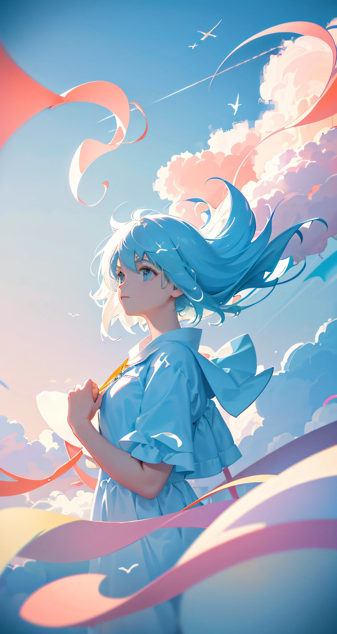 masterpiece, best quality, movie still, 1girl, floating in the sky, cloud girl, cloud, (close-up:1.1), bright, happy, fun, soft lighting, (Bauhaus, shapes, lines, abstract:1.1)