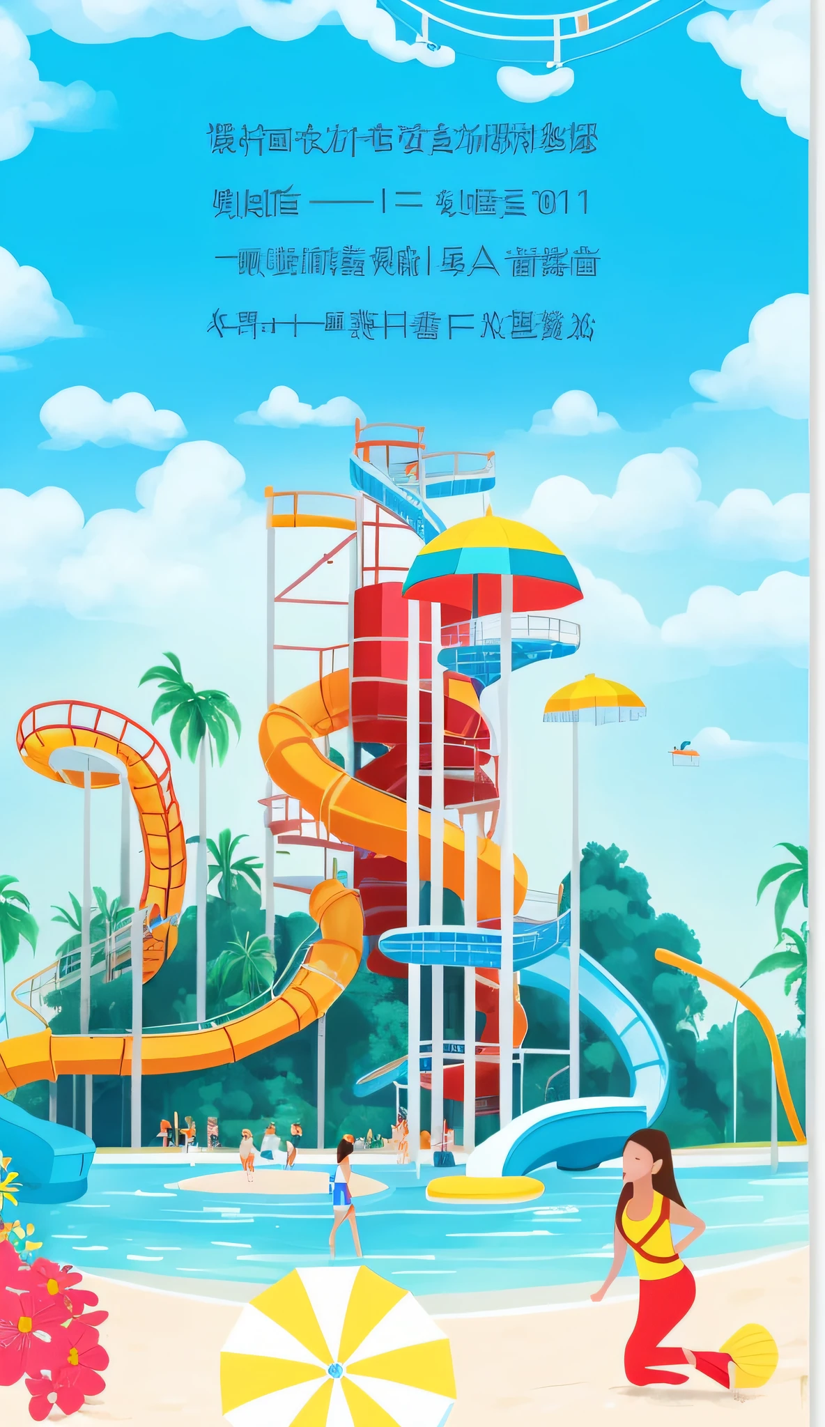 Poster with water slide and beach umbrella, Water park, 2022, 2 0 2 2, hand painted cartoon art style, author:Park Hua, author:Ren Renfa, vibrant tourism poster, F 2.5, Fun - W 704, 🌻🎹🎼, author:Huang Ji, author:Fan Qi