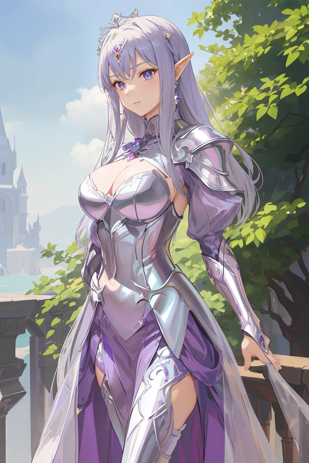 a close up of a woman in a purple dress posing for a picture, Stunning armor, Beautiful armor, anime figure; Full-body art, Anime goddess, Purple armor, beautiful and elegant elf queen, Armor Girl, clothed in ethereal armor, shiny plastic armor, Gorgeous Role Play, highly detailed exquisite fanart, alluring elf princess knight, ((a beautiful fantasy empress))
