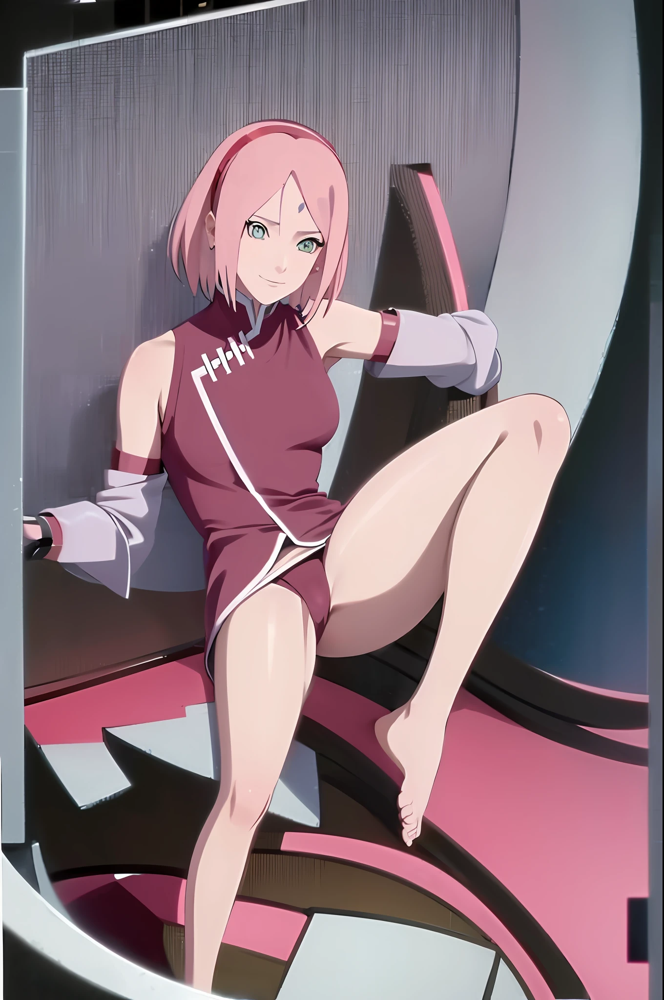 Sakura Haruno, Naruto \(Series\),( an legs,Bare legged,thighs thighs thighs thighs:1.2), 1人, length hair,Blue headband, cherry trees, verd s eyes, A smile, Hair intake, Katyusha, jaket, Look at the viewer, A pink-haired、a red jacket、Sketched、Sleeveless、Sit up、sleeveless jacket、small tits、A smile、独奏、portlate、((masterpiece))、