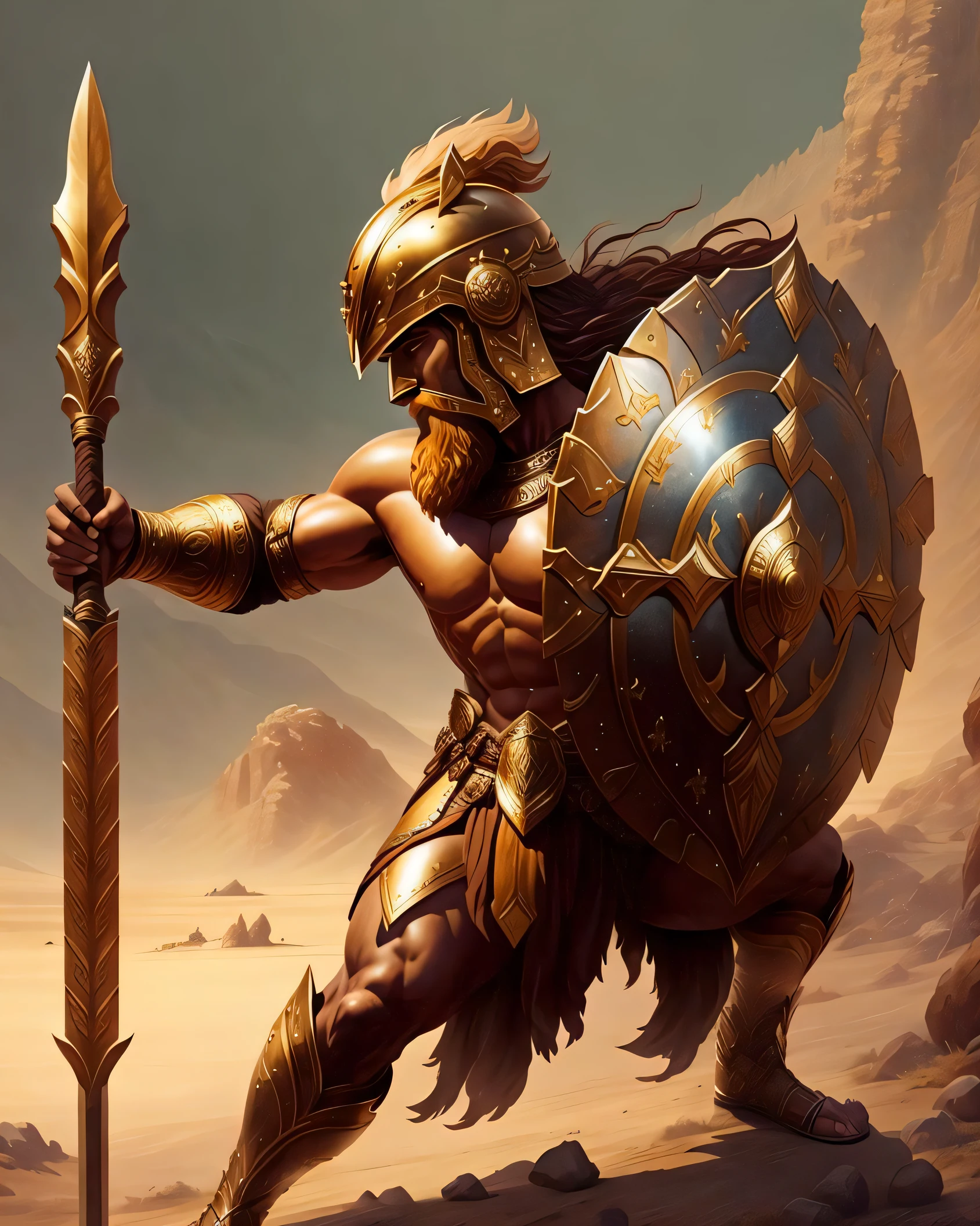 a sited spartan hoplite. He holds his helmet with his two hands. His shield is put on his left side. His spear is thrusted to the ground. He has long hears and reach beard.
