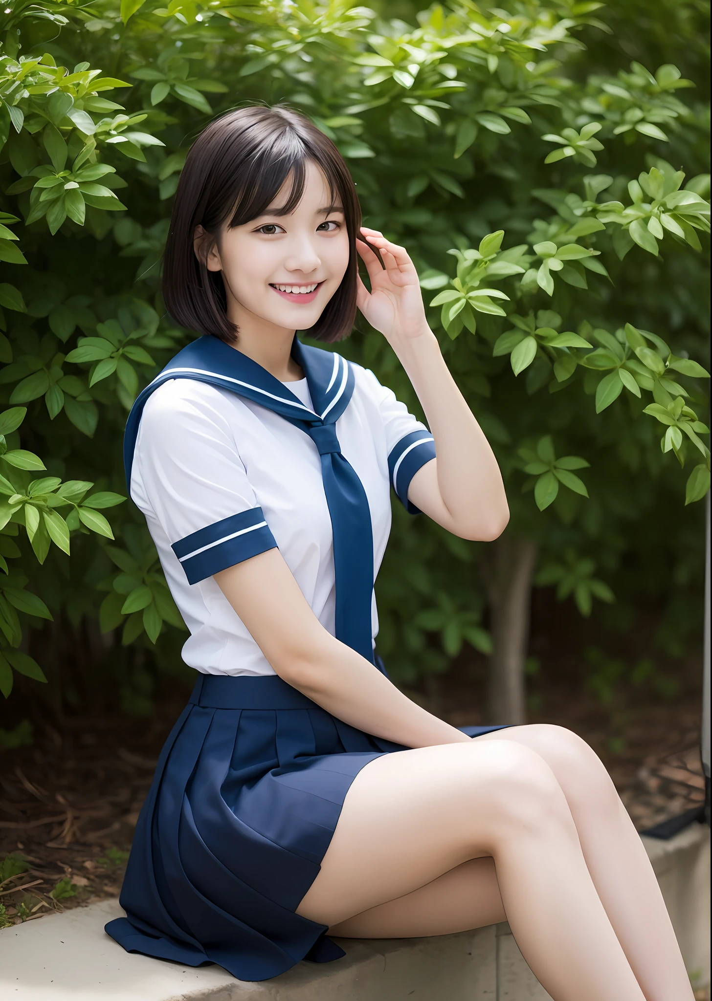 1girl in, bangss, Black_Choker, Black_hair, Blue_sailor_Collar, Blue_Skirt, bush, a choker, 鎖骨, tag, 耳Nipple Ring, florals, jewely, s lips, up looking_で_viewer, plein air, a plant, pleats_Skirt, potted plant_plant, Wagas, sailor_Collar, School_uniform, serafuku, The shirt, Short_hair, Short_sleeves, sitting on, skirt by the, A smile, 独奏, a park