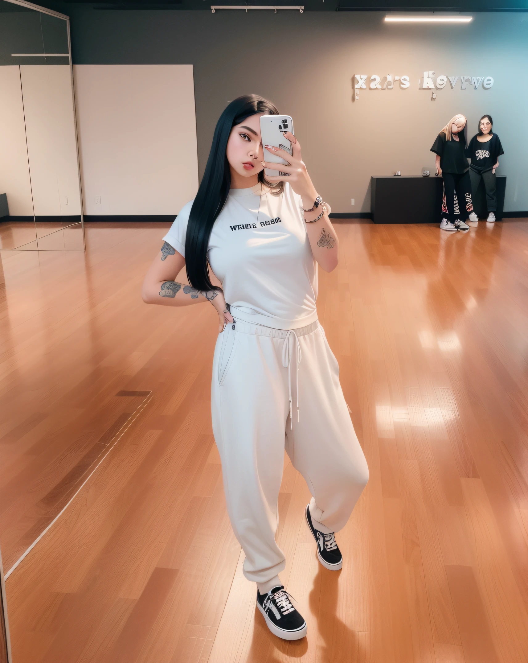 there is a woman taking a picture of herself in a mirror, she is wearing streetwear, ava max, thicc, imagem de corpo inteiro, baggy pants, Pants, high waist sweatpants, vestido com uma camiseta branca, wearing pants and a t-shirt, mulher no streetwear, vestindo um baggy