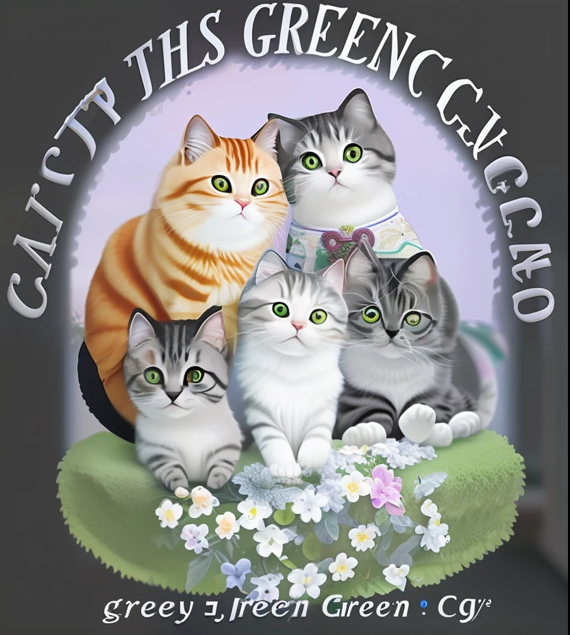 Greenugucci has a lot of cats, Green, close up photograph, greg, cat design, family photos, tas\'s name is greeny, Cat theme logo, catscatscats, Gray, glen, green color), close up photograph, author：CHEN Chun, fluffy cat t - shirt design, its name is greeny, on cg society, gary，8K分辨率