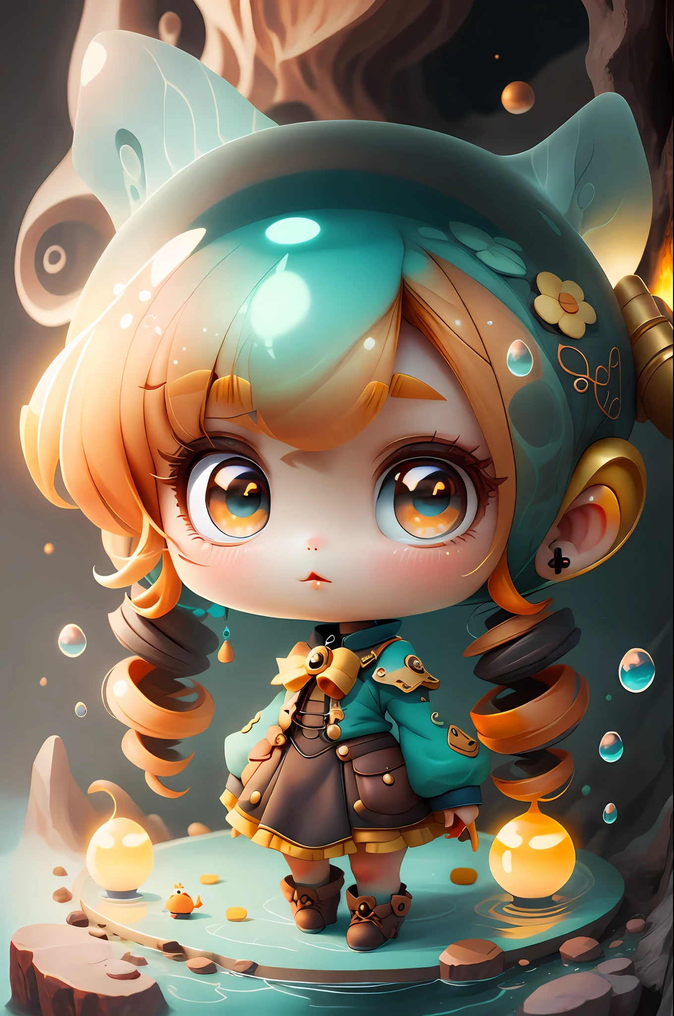 plastican00d, 1girl, Chibi, amber, Twin drills, medium brown, Tecidos de luxo, Pontilhamento, De longo alcance,Olhando para o Viewer, Fundo listrado