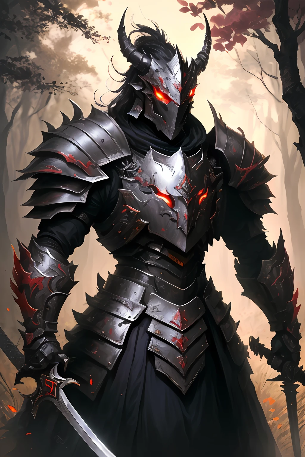 A closeup of a demonic creature with a sword in a forest, demonic dragon inspired armor, demon armor, red demon armor, Armadura refletida cor de fogo preta, Demon Samurai, demon samurai warrior, dragon ancient full plate armor, fantasy inspired dragon armor, Dragon Knight, dragon inspired armor, draconic looking armor, armadura de cor preta e avermelhada, armadura escura