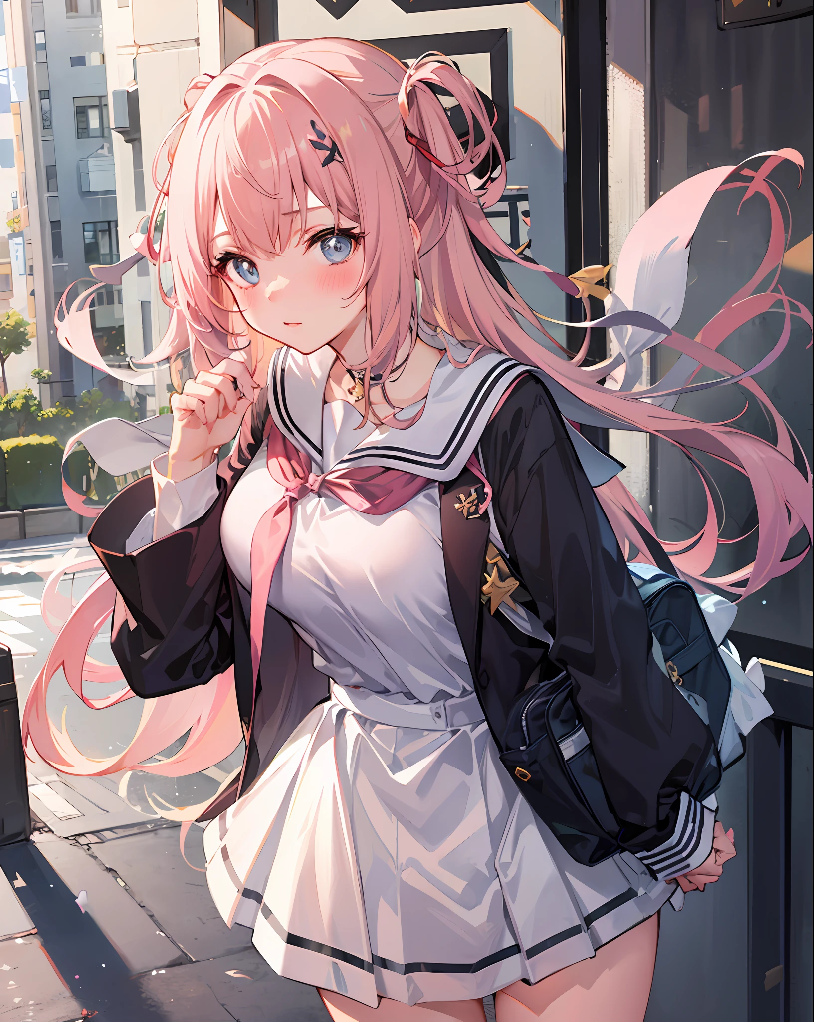 1girll,Large breasts, 
Outdoors,Cityscape, Cowboy shot, 
((school uniform)), serafuku, 
Blush, （（long whitr hair））