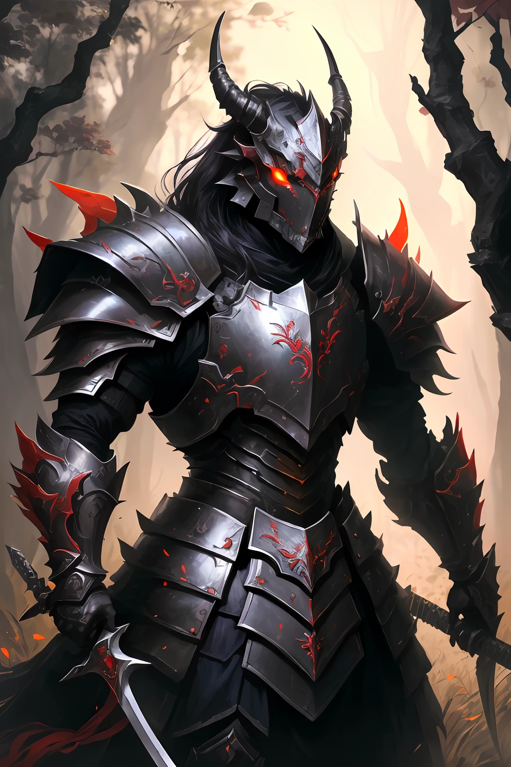 A closeup of a demonic creature with a sword in a forest, demonic dragon inspired armor, demon armor, red demon armor, Armadura refletida cor de fogo preta, Demon Samurai, demon samurai warrior, dragon ancient full plate armor, fantasy inspired dragon armor, Dragon Knight, dragon inspired armor, draconic looking armor, armadura de cor preta e avermelhada, armadura escura