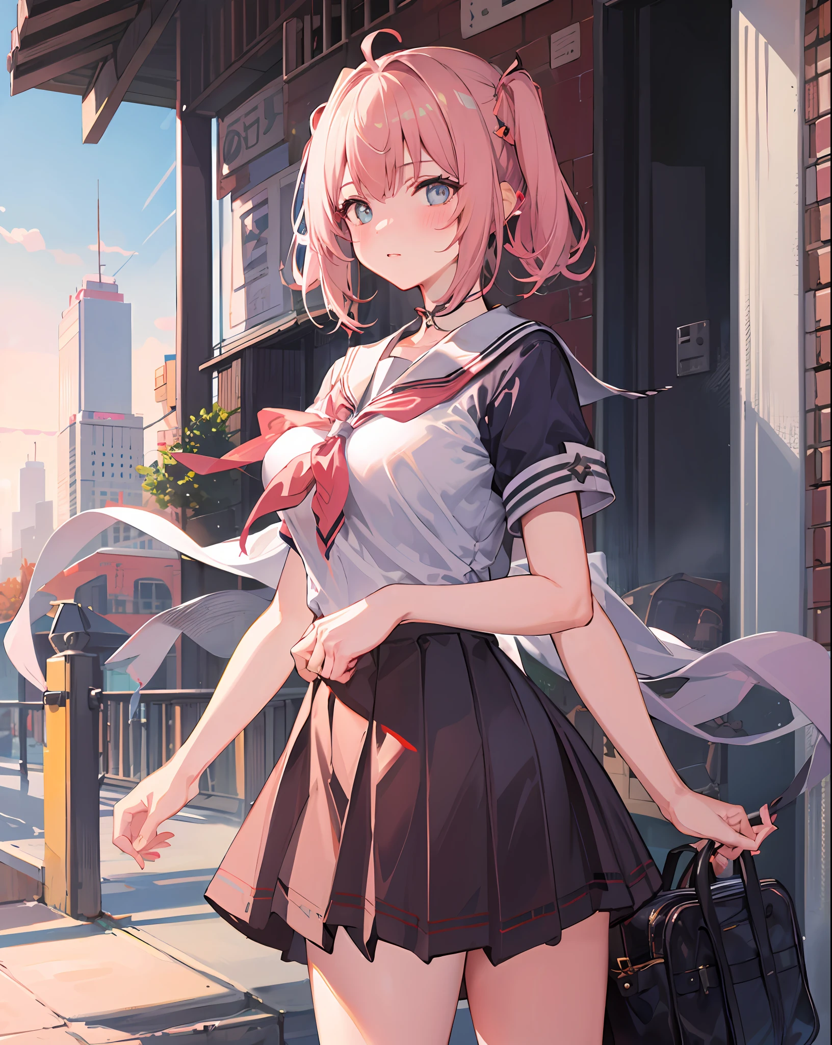 1girll,Large breasts, 
Outdoors,Cityscape, Cowboy shot, 
((school uniform)), serafuku, 
Blush, （（long whitr hair））