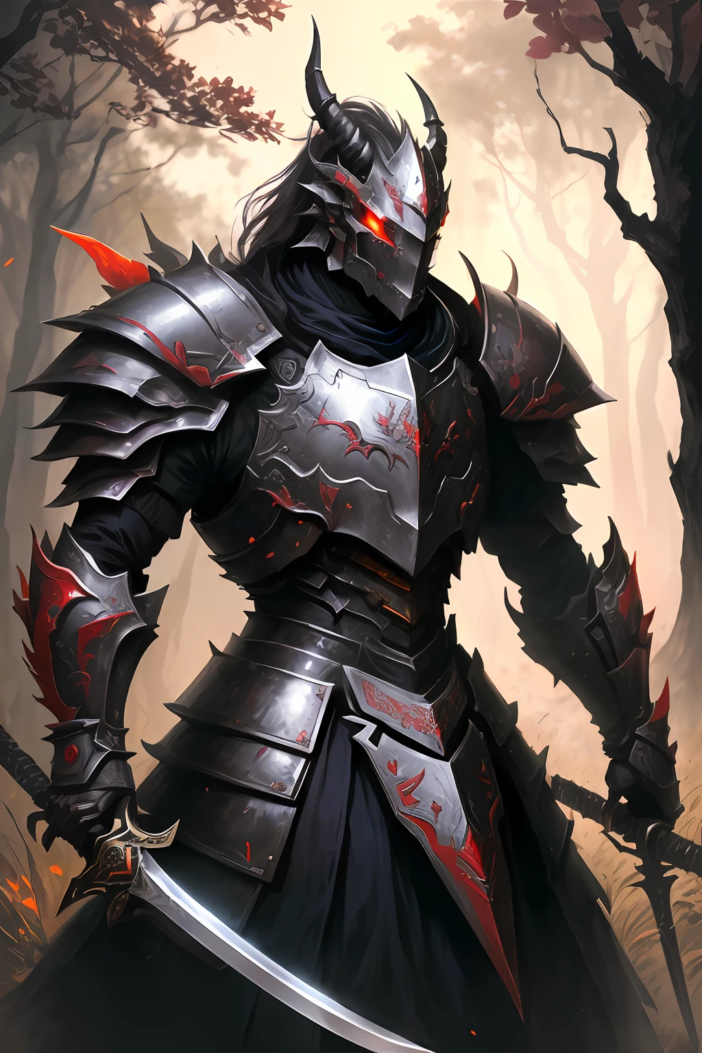 A closeup of a demonic creature with a sword in a forest, demonic dragon inspired armor, demon armor, red demon armor, Armadura refletida cor de fogo preta, Demon Samurai, demon samurai warrior, dragon ancient full plate armor, fantasy inspired dragon armor, Dragon Knight, dragon inspired armor, draconic looking armor, armadura de cor preta e avermelhada, armadura escura
