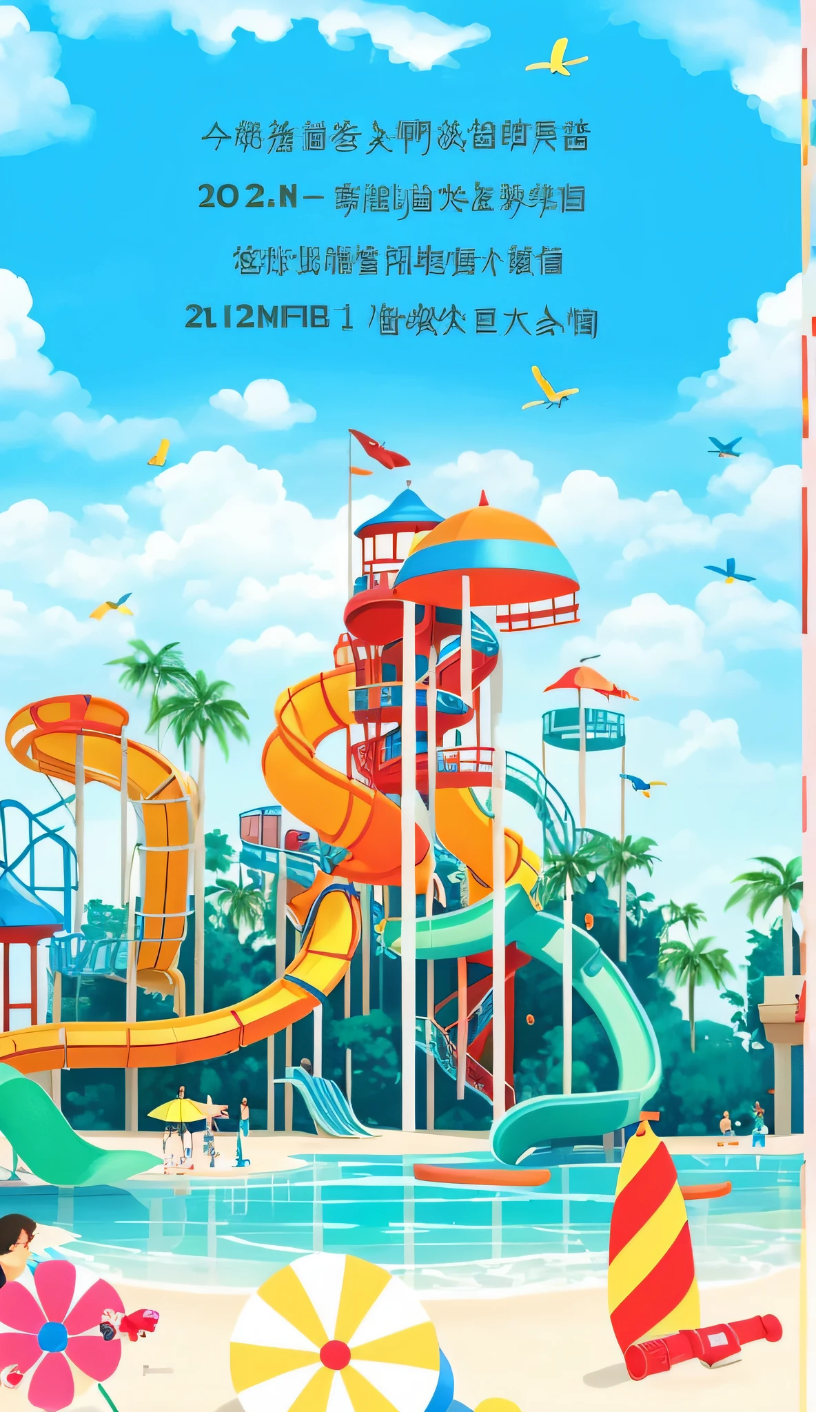 Poster with water slide and beach umbrella, Water park, 2022, 2 0 2 2, hand painted cartoon art style, author：Park Hua, author：Ren Renfa, vibrant tourism poster, F 2.5, Fun - W 704, 🌻🎹🎼, author：Huang Ji, author：Fan Qi