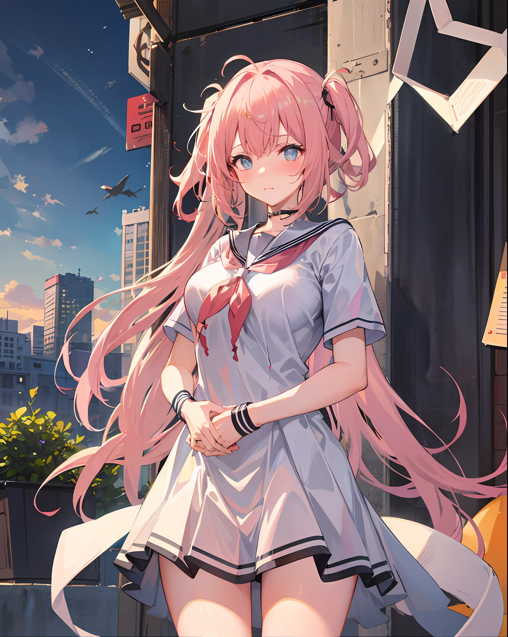 1girll,Large breasts, 
Outdoors,Cityscape, Cowboy shot, 
((school uniform)), serafuku, 
Blush, （（long whitr hair））