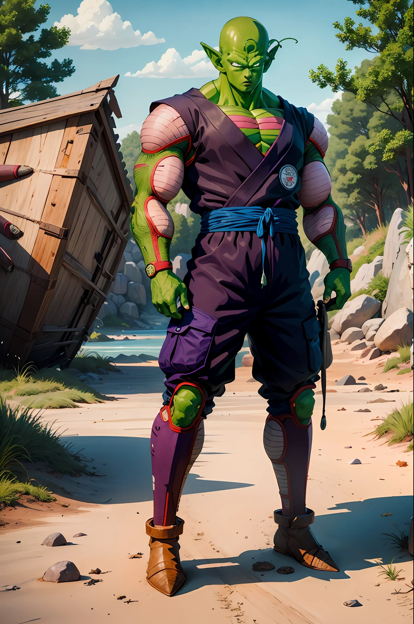 masterpiece, best quality, realistic, photorealistic, 8k,piccolo, 1boy, male focus, solo, standing, pointy ears,(tactical combat armor purple dougi), green skin, oni horns, purple cargo pants, closed mouth, looking at viewer, ((bald)),arms at sides,pink patches,black eyes, blue sash, rocks, grassfield