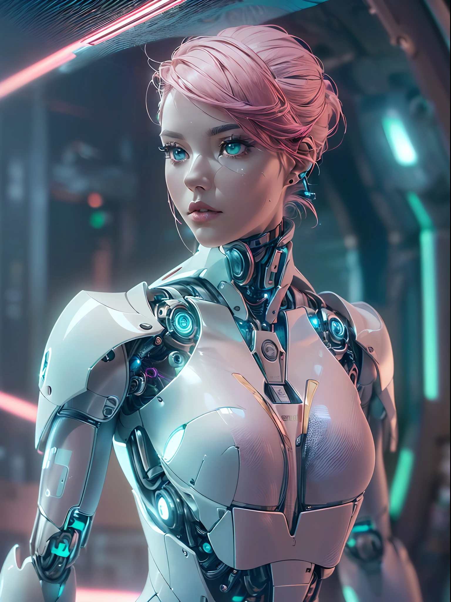 (masterpiece, high resolution, CGI:1.4), (depicting a futuristic cyborg woman with striking pink hair:1.3), (her eyes emanating a mesmerizing blend of green and blue light:1.2), (a combination of human and robotic elements seamlessly integrated throughout her body:1.3), (her arms replaced with sleek, metallic limbs, adorned with intricate circuits and glowing symbols:1.3), (her legs enhanced with bionic enhancements, allowing her to move with grace and precision:1.2), (her skin featuring a seamless blend of organic and synthetic materials, giving her a unique appearance:1.2), (her robotic enhancements designed with meticulous attention to detail, showcasing a balance of aesthetics and functionality:1.2), (the Canon EOS R6 camera used to digitally capture this stunning creation:1.4), (paired with the Canon RF 85mm f/1.2 L USM lens for precise rendering of her features:1.4), (the laboratory environment exuding a sleek and minimalistic design:1.2), (clean white walls and polished metallic surfaces reflecting the futuristic ambiance:1.2), (subtle neon lights casting a soft glow, enhancing the futuristic atmosphere:1.2), (advanced holographic displays showing complex data and schematics:1.2), (the cyborg woman standing confidently amidst the advanced technology, exuding a sense of power and intelligence:1.2), (a captivating and thought-provoking portrayal of the merging of human and machine:1.2).