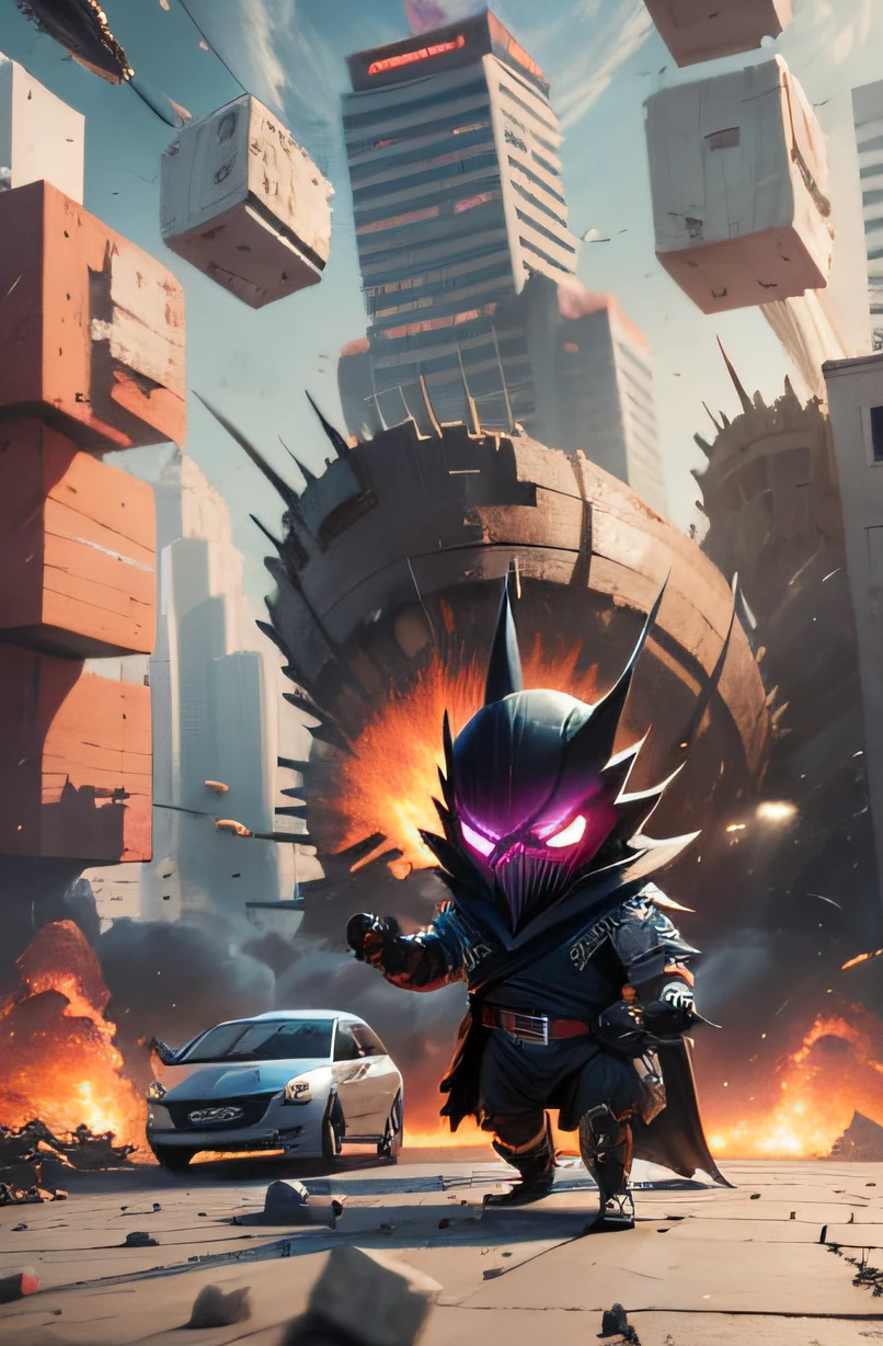 (extremamente detalhado, Estilo Cartunesco), villain arriving on his ship, destroying the city in a chaotic and cute way. desenho infantil, simples. Cena noturna com raios e terremotos. for kids