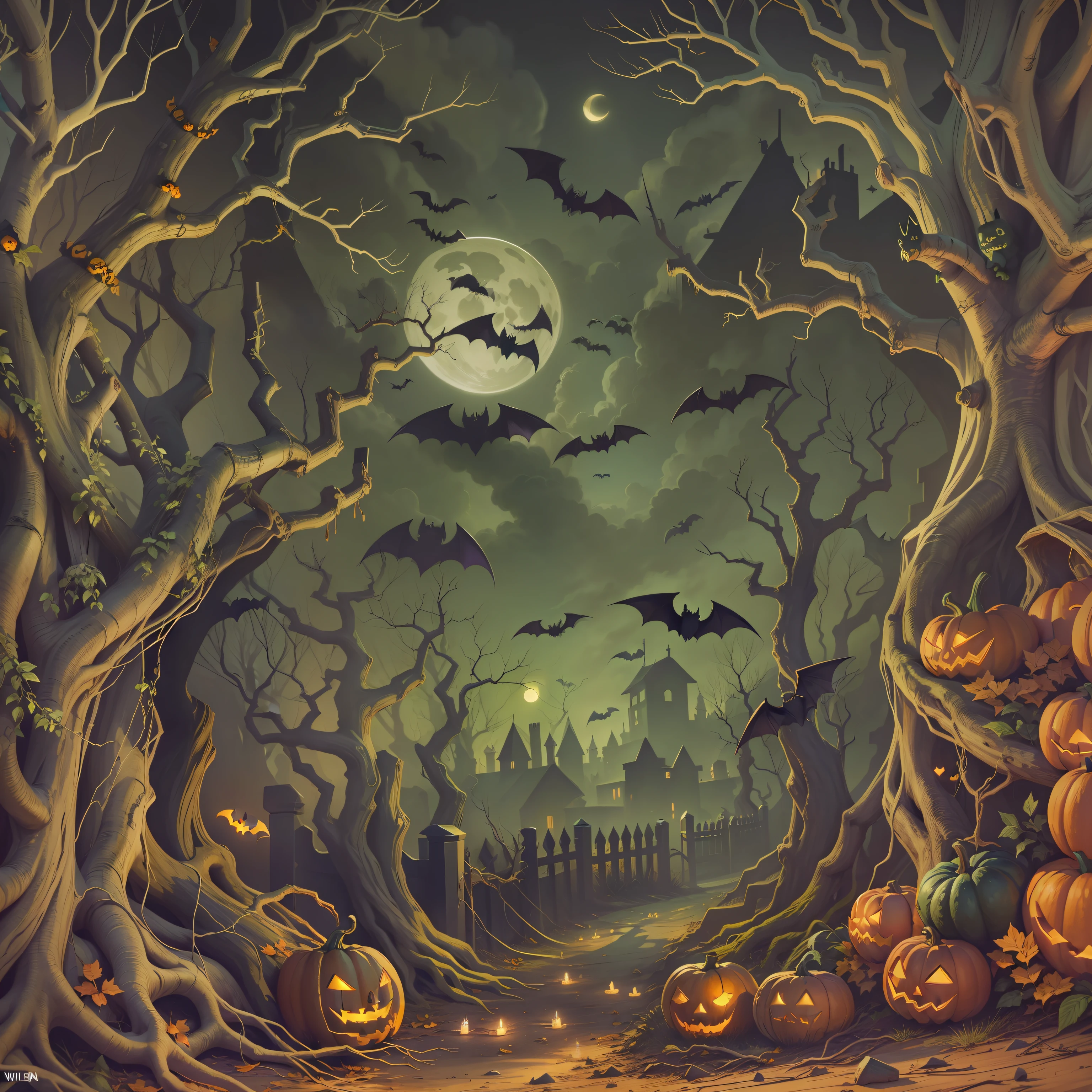 Halloween poster，the bats，borgar，burial site，Wilted branches