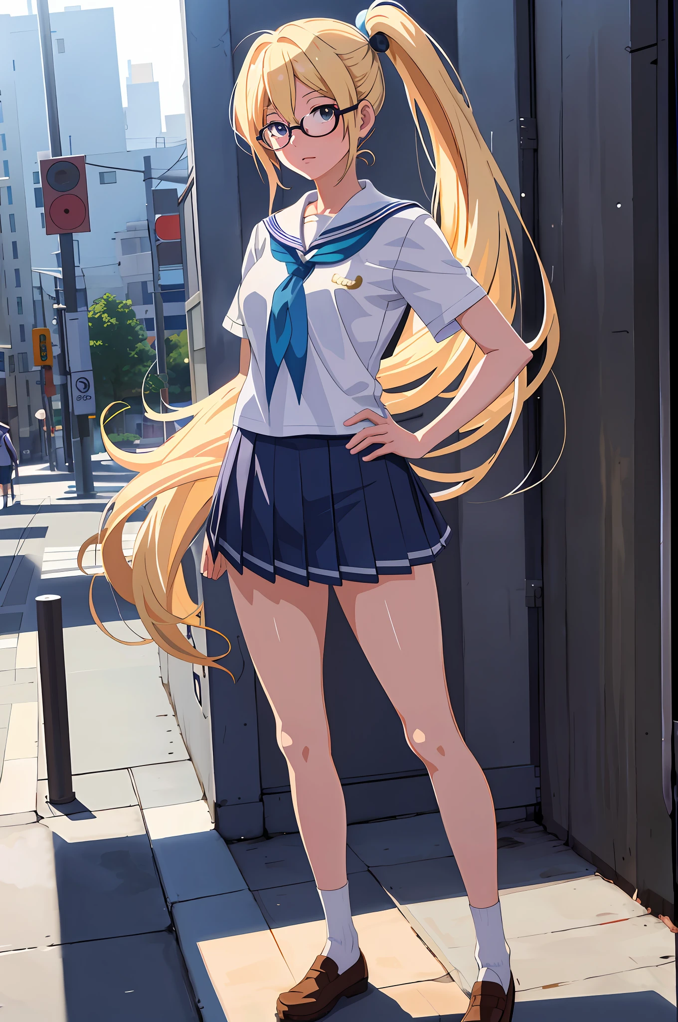 anime girl in sailor outfit posing on sidewalk in city, smooth anime cg art, blonde anime girl with long blonde hair and glasses, beautiful anime high school girl, painted in anime painter studio, anime girl with long hair, digital anime art, ilya kuvshinov with long hair, made with anime painter studio, twintails, realistic anime 3 d style, attractive anime girl