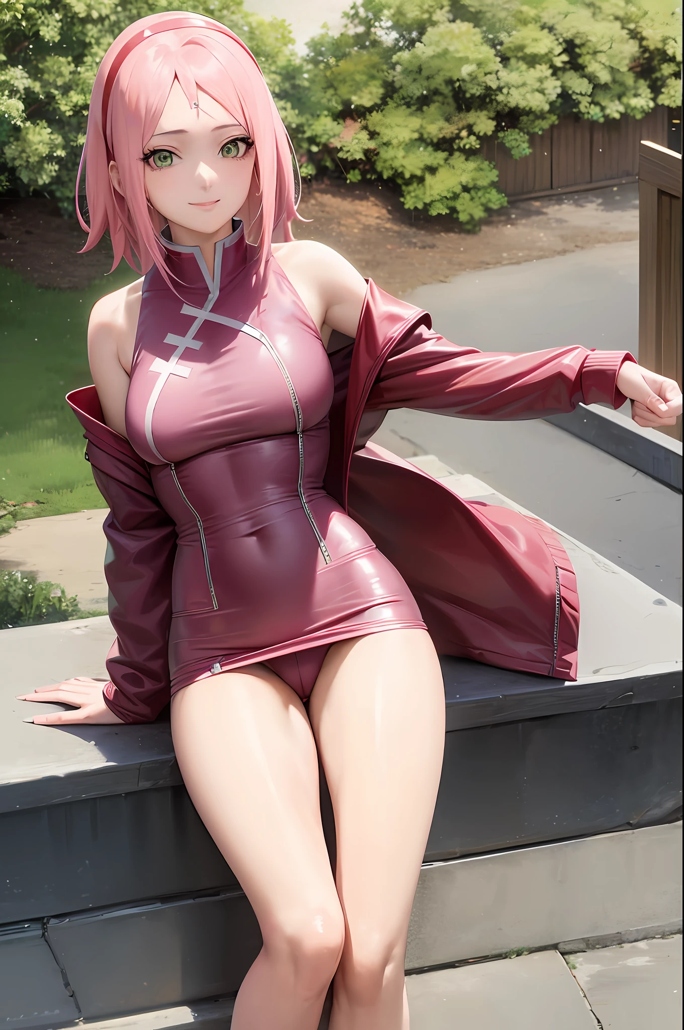 Sakura Haruno, Naruto \(Series\),( an legs,Bare legged,thighs thighs thighs thighs:1.2), 女の子1人, length hair,Blue headband, cherry trees, verd s eyes, A smile, Hair intake, Katyusha, jaket, Look at the viewer, A pink-haired、a red jacket、Sketched、Sleeveless、Sit up、sleeveless jacket、small tits、A smile、独奏、portlate、((​masterpiece))、