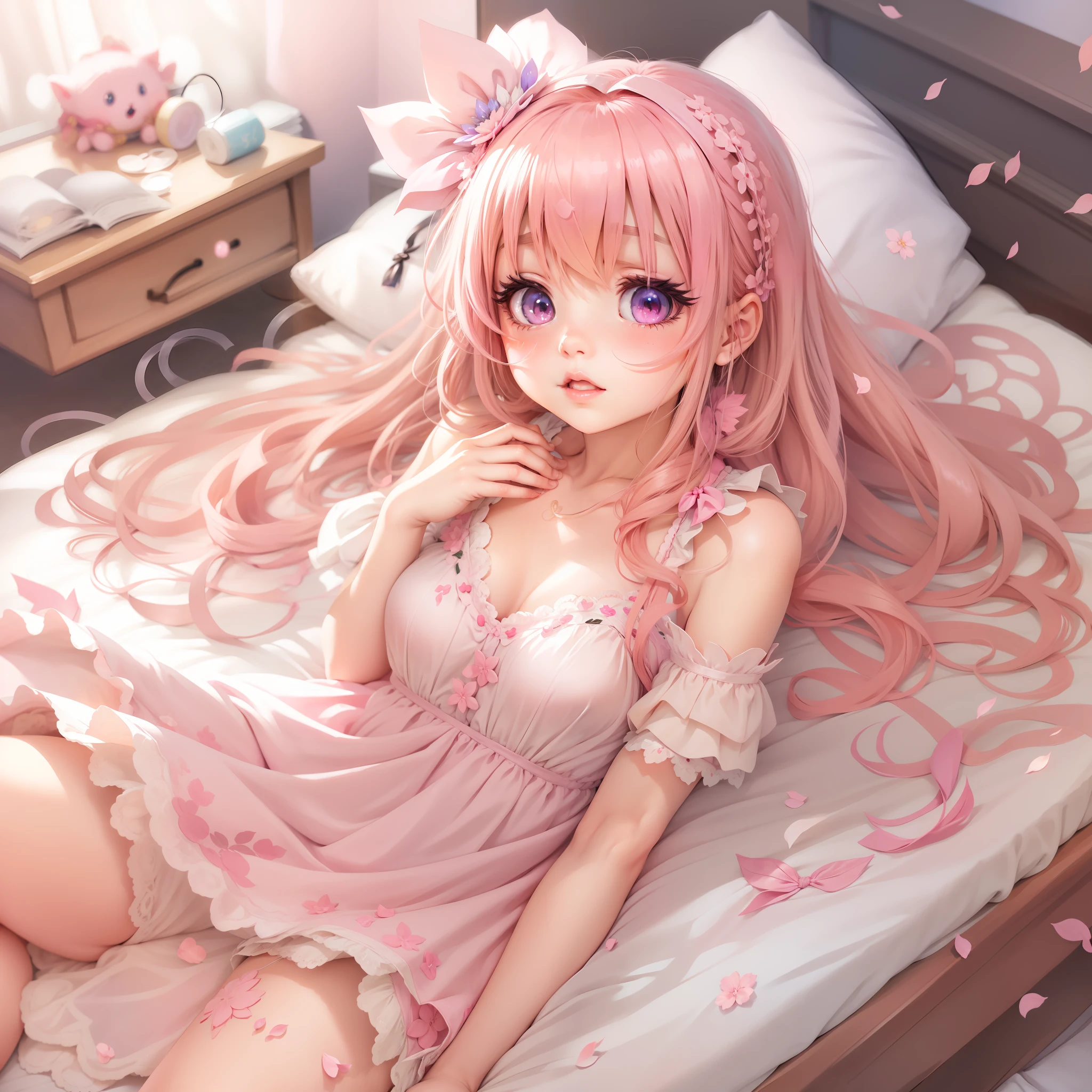 anime girl in pink dress laying on bed,  in dress, hanayamata, splash art anime lolichi, anime goddess, seductive anime girl, shirabii, cute anime waifu in a nice dress, shoujo manga, ecchi anime style, epic light novel art cover, marisa kirisame, small curvy loli, ((i)