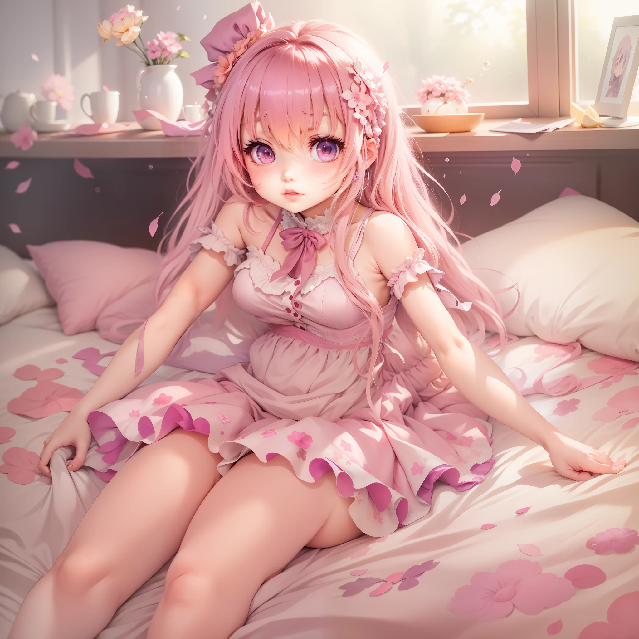 anime girl in pink dress laying on bed, in dress, hanayamata, splash art anime lolichi, anime goddess, seductive anime girl, shirabii, cute anime waifu in a nice dress, shoujo manga, ecchi anime style, epic light novel art cover, marisa kirisame, small curvy loli, ((i)