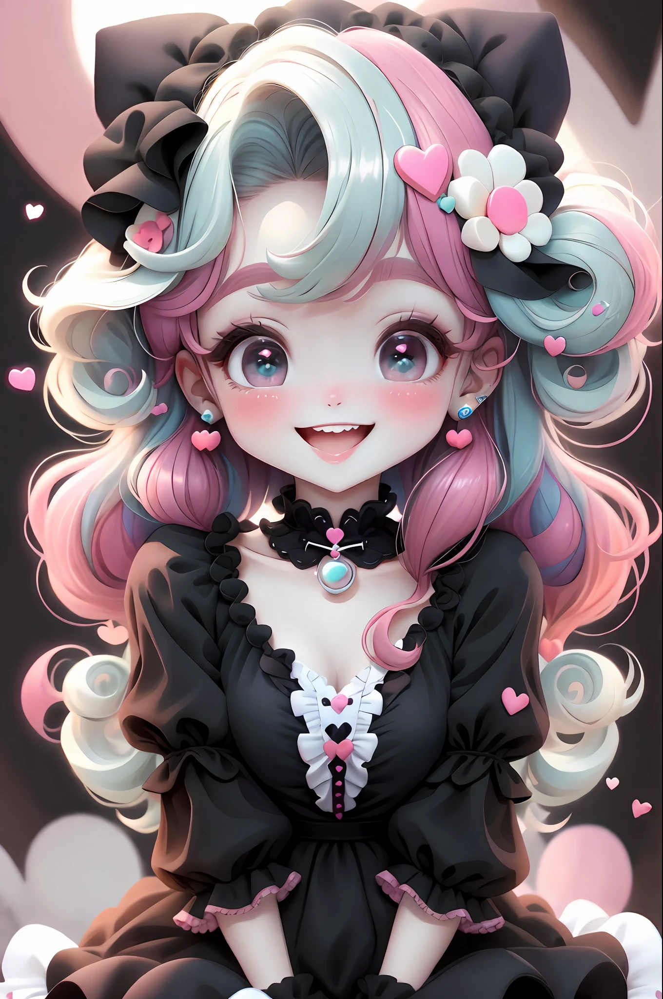 Girl,gotic,ta,Black dress with pink hearts,olhos azuis,cabelo vermelho,corpo detalhado,seios pequenos,sorrindo,fofa,fundo branco