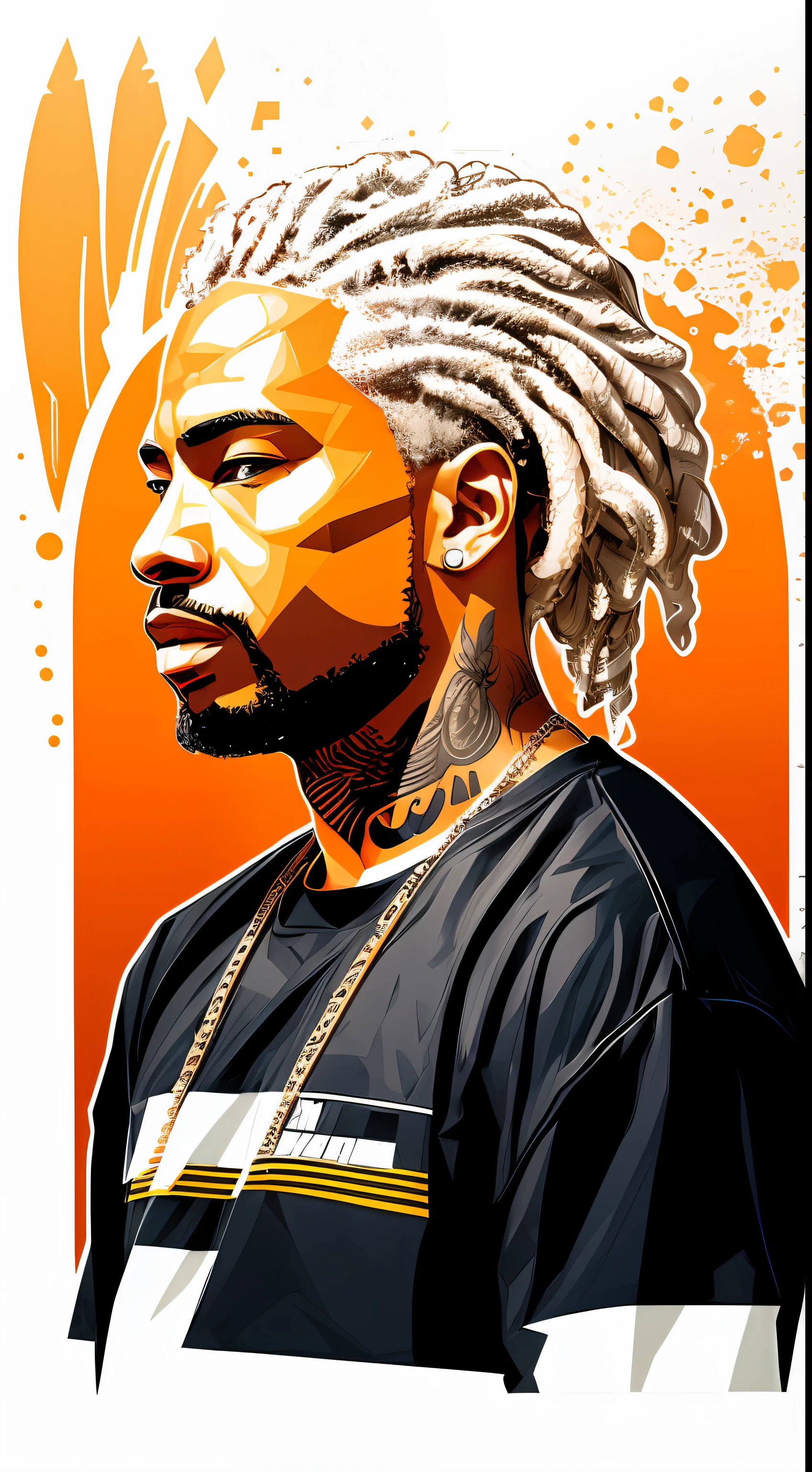 clean,minimalist,vector art,close of 1rapper with tattoos,gold teeth,gradient pastel dreads hair,white techwear clothes,tatical clothes(orange,white),strong stroke around image,papercute background with simple abstract designs