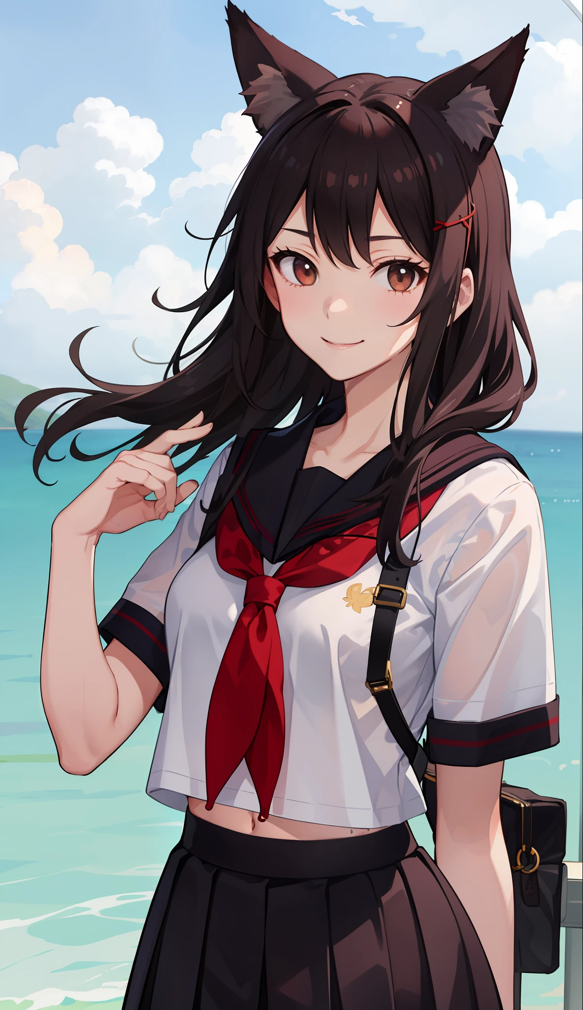 1girl in、A smile、The shirt、skirt by the、(small tits)Chilarism、Japan High School Student Uniform、serafuku、summer clothing、Squall Drenched Uniform、show brassiere、Fox ears、(Upper body portrait)、