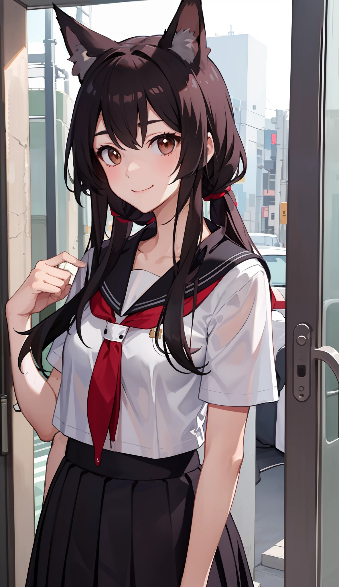 1girl in、A smile、The shirt、skirt by the、（small tits）Chilarism、Japan High School Student Uniform、serafuku、summer clothing、Squall Drenched Uniform、show brassiere、Fox ears、（Upper body portrait）、