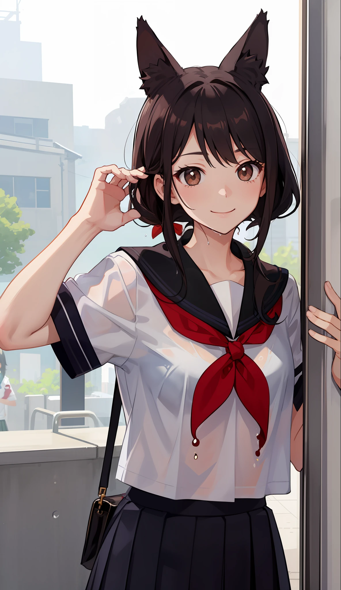 1girl in、A smile、The shirt、skirt by the、(small tits)Chilarism、Japan High School Student Uniform、serafuku、summer clothing、Squall Drenched Uniform、show brassiere、Fox ears、(Upper body portrait)、