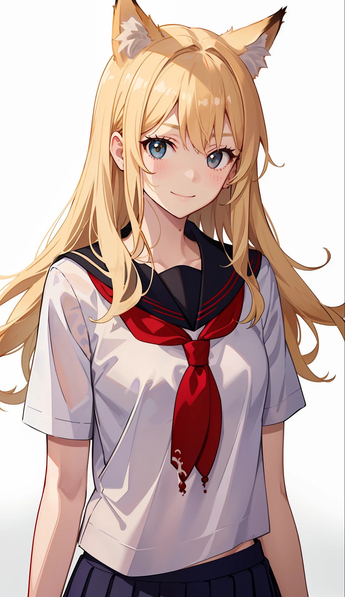 1girl in、A smile、The shirt、skirt by the、(small tits)Chilarism、Japan High School Student Uniform、serafuku、summer clothing、Squall Drenched Uniform、show brassiere、Fox ears、Blonde hair、(Upper body portrait)、