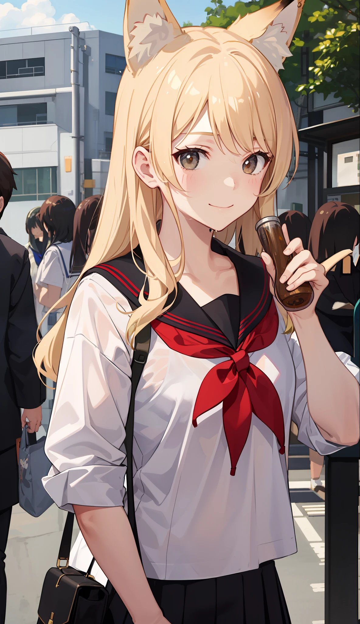 1girl in、A smile、The shirt、skirt by the、(small tits)Chilarism、Japan High School Student Uniform、serafuku、summer clothing、Squall Drenched Uniform、show brassiere、Fox ears、Blonde hair、(Upper body portrait)、